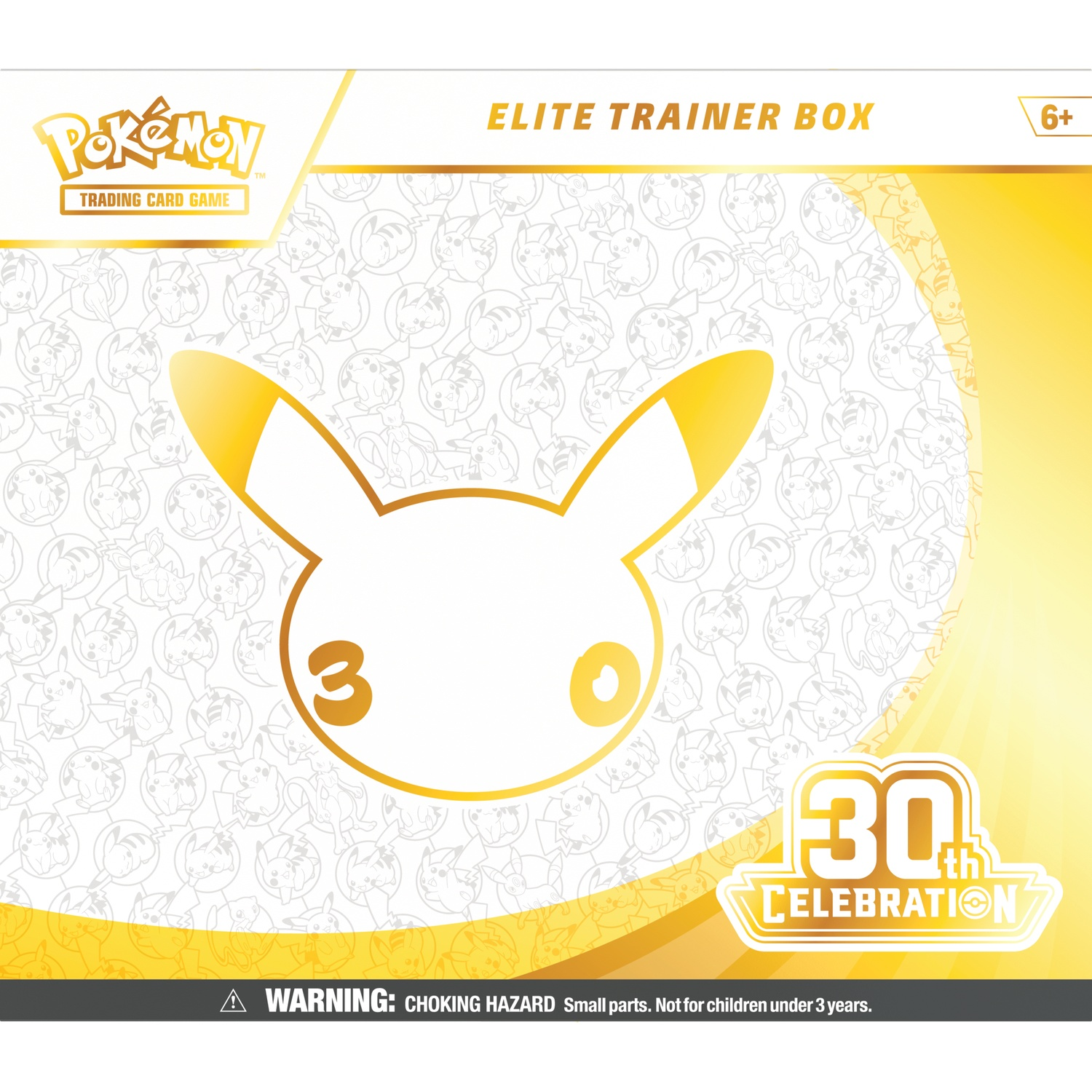 Pokémon TCG Elite Trainer Box met gouden Pikachu-omtrek, 30-jarig jubileumlogo en witte achtergrond.