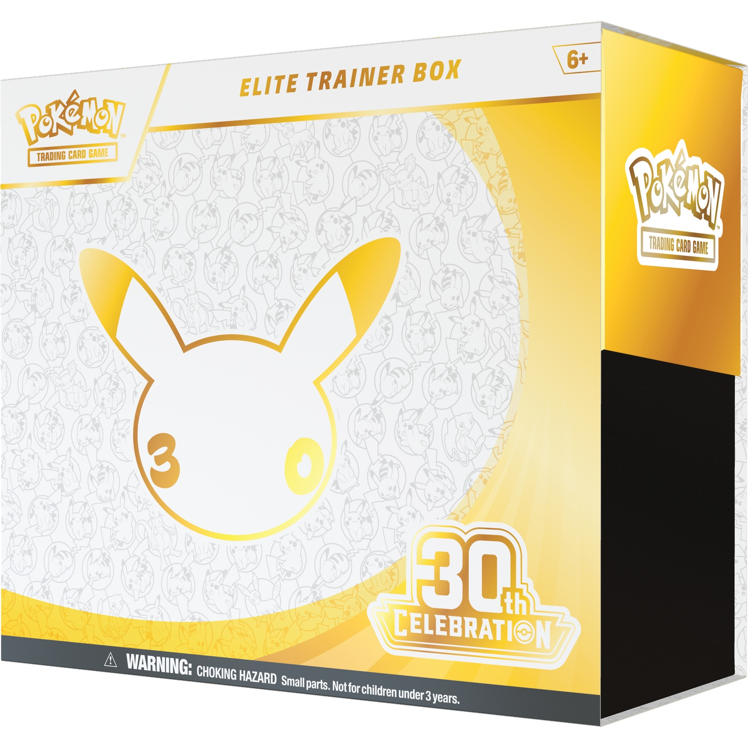 Gele Pokémon 30e feest elite trainer box met Pikachu-silhouet.