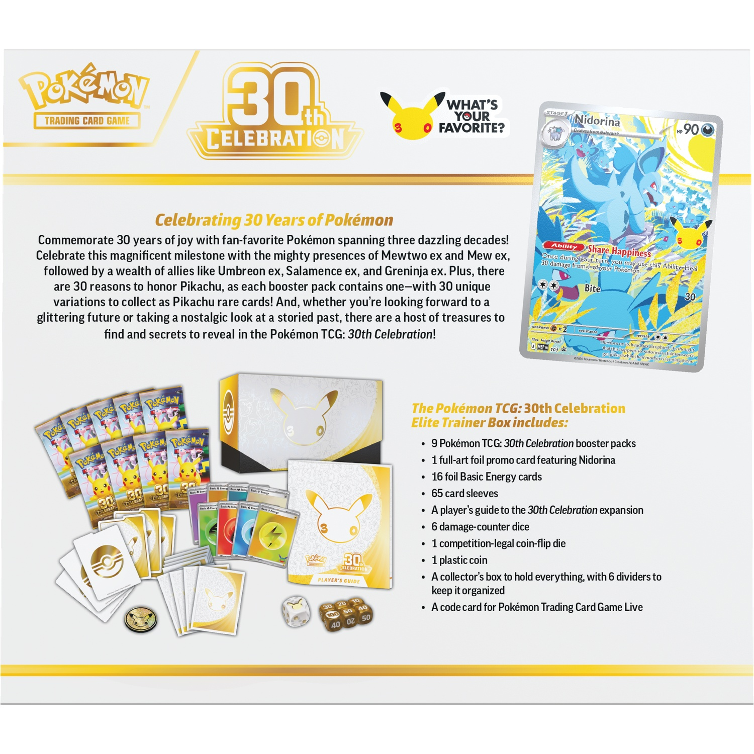 Pokemon 30th Celebration Elite Trainer Box met boosters, Nidorina-kaart, dobbelstenen, hoesjes en doos.