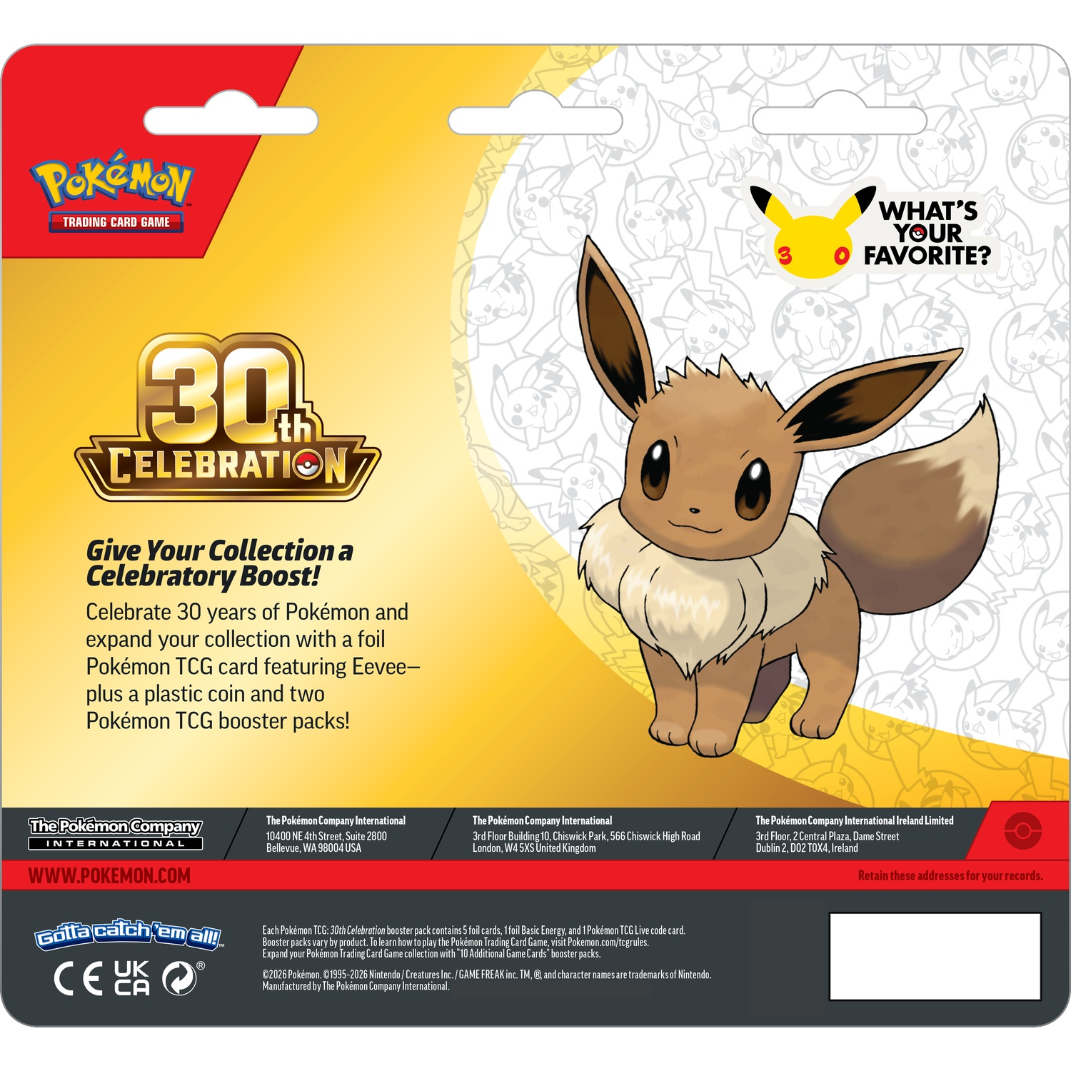 De Pokémon 30th Celebration verpakking toont een Eevee-illustratie, geel-witte achtergrond en tekst.