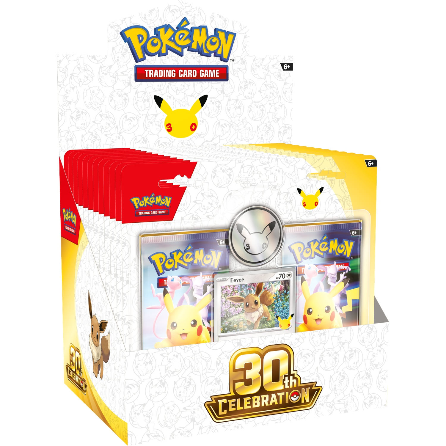 Pokemon 30th Celebration booster display met Eevee promokaart en Pikachu ontwerpen.