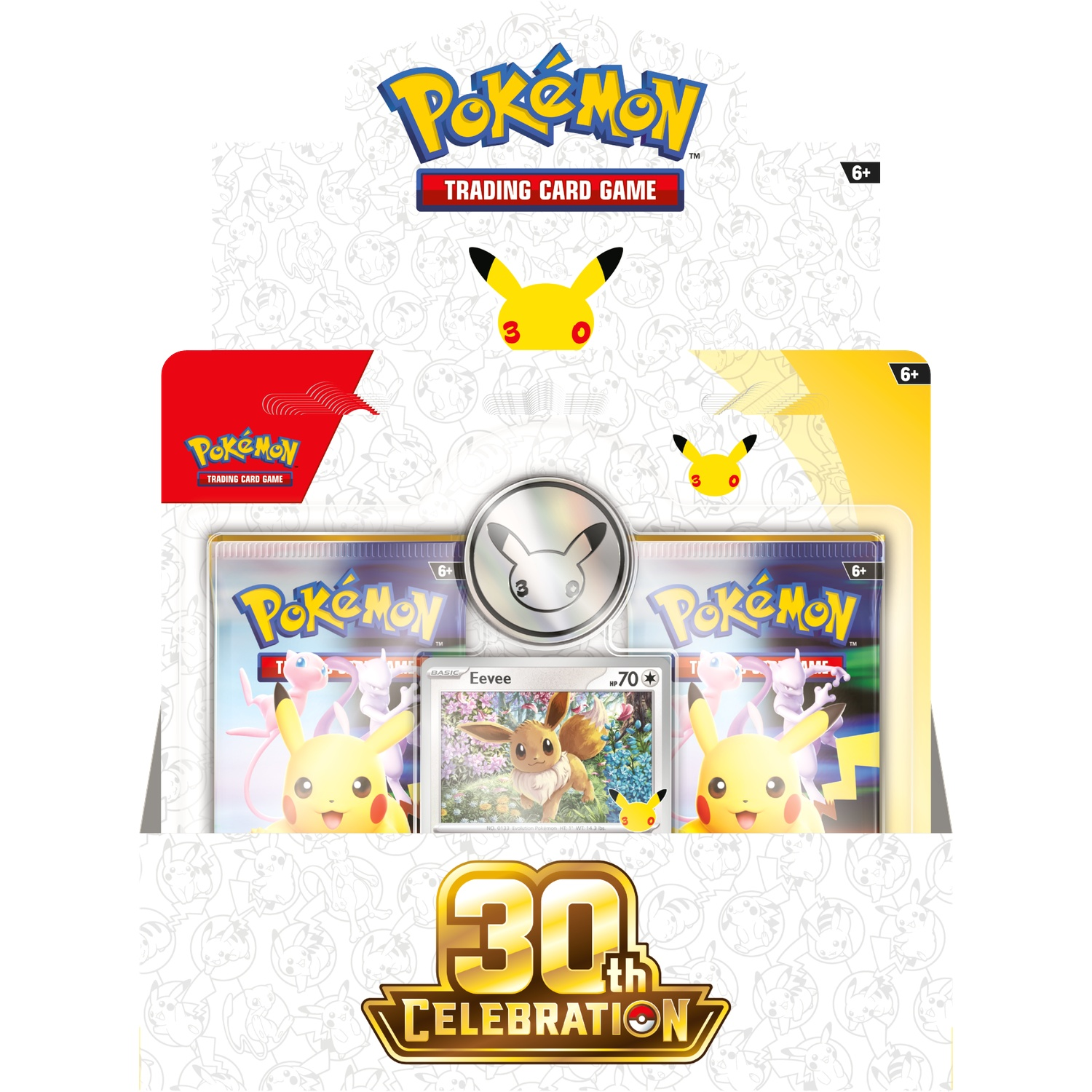 Pokémon 30th Celebration doos met boosterpacks, Eevee-kaart en munt.