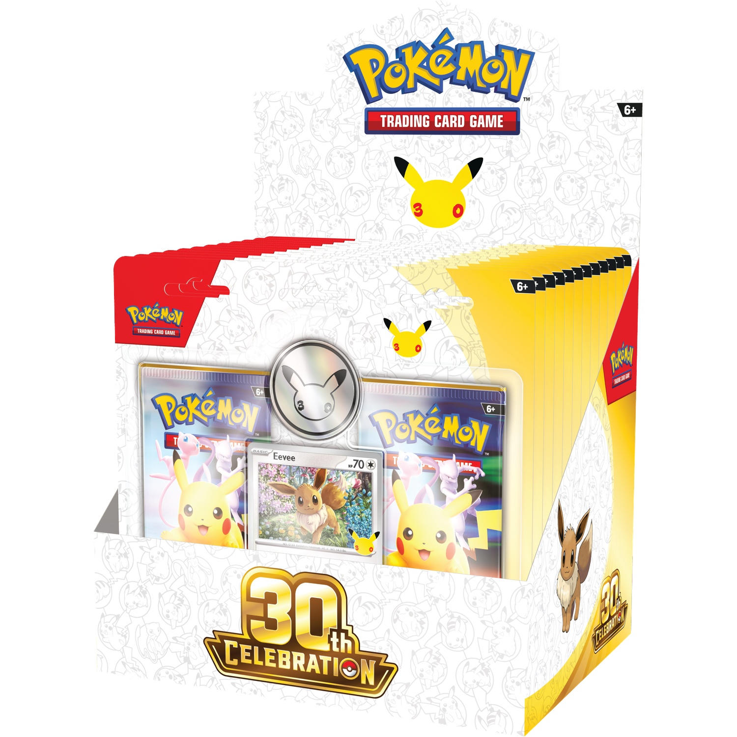 Pokémon 30th Celebration booster displaydoos met Pikachu- en Eevee-kaarten, munt en boosterpacks.