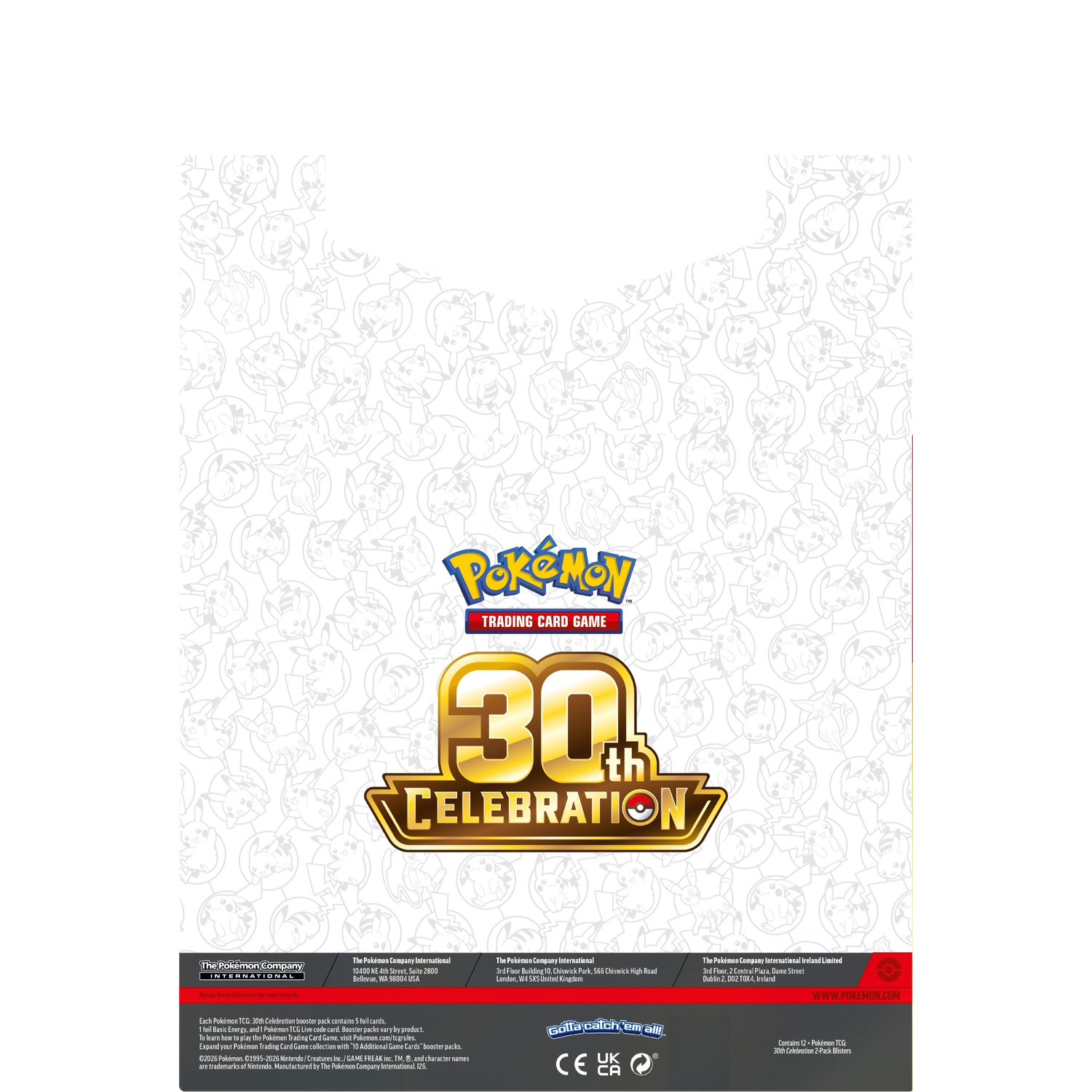Pokémon 30th Celebration TCG verpakking met gouden logo op wit Pikachu-patroon.