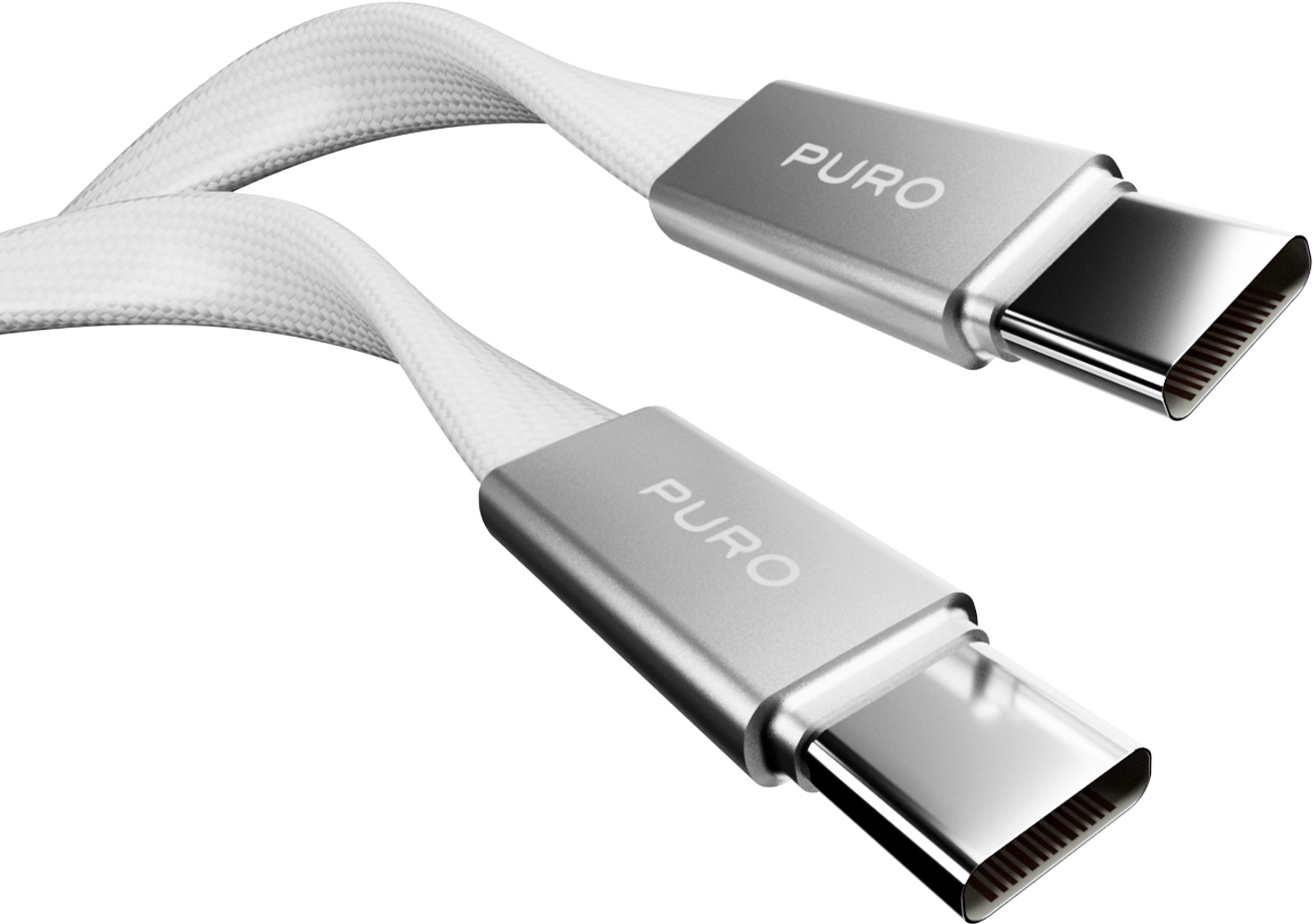 Zwei weiße USB-C-Kabel mit silbergrauen Anschlüssen und der Aufschrift PURO auf einem weißen Hintergrund.