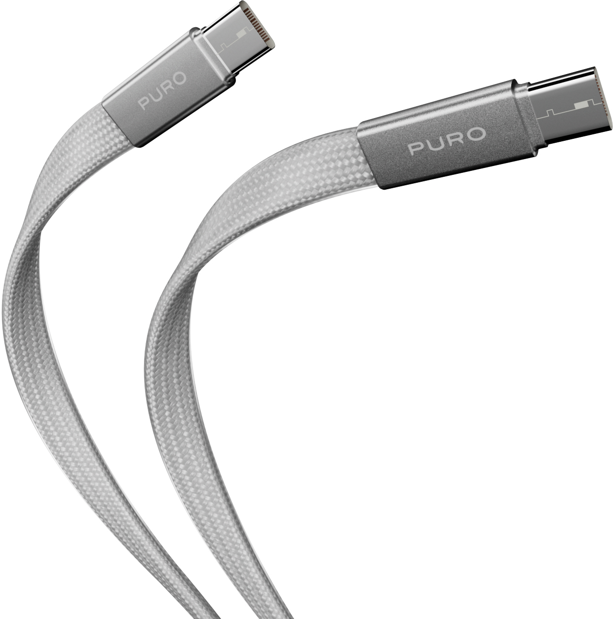 Zwei silberne PURO USB-C-Kabel mit geflochtenem Mantel vor weißem Hintergrund.