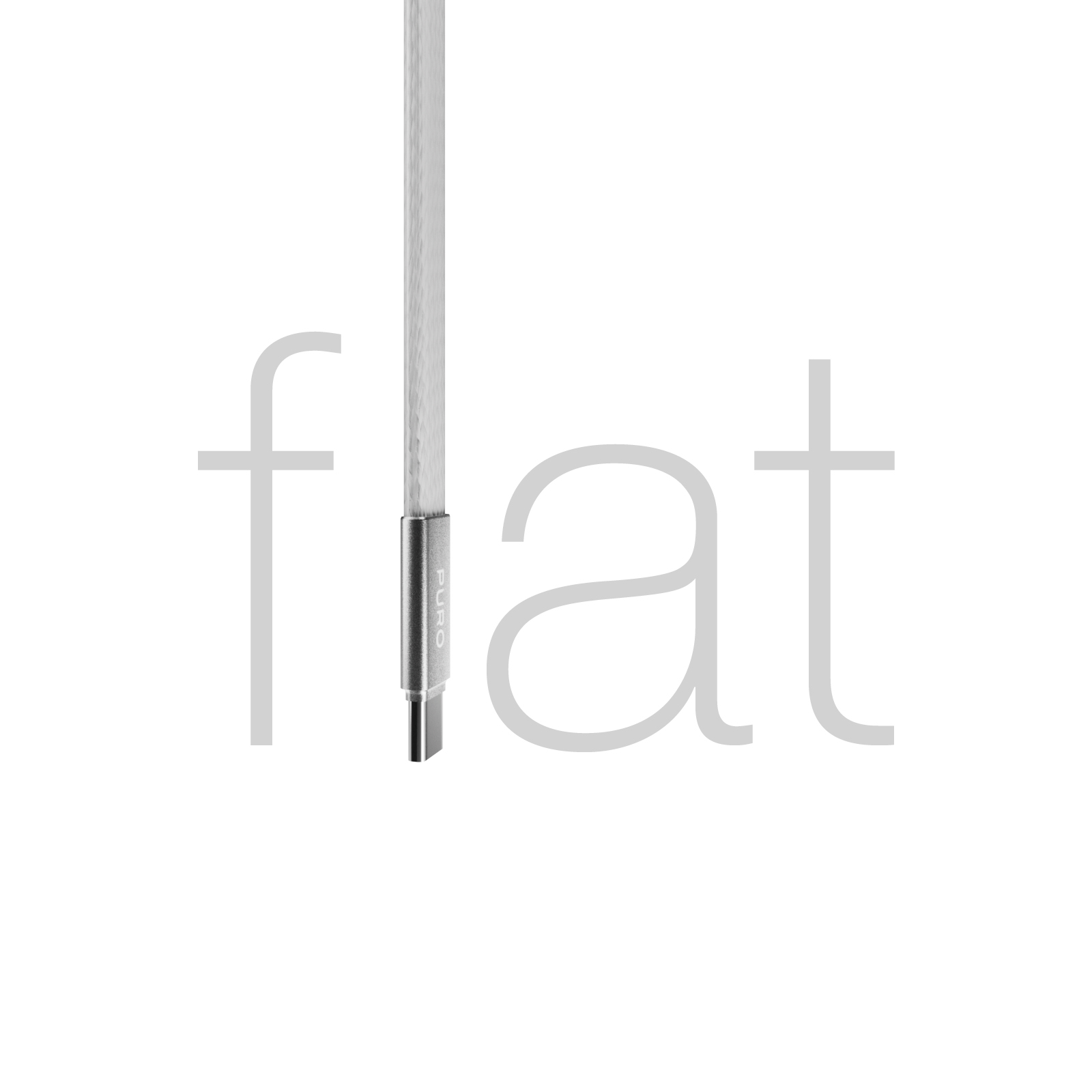 Ein flaches weißes USB-Kabel mit Metallstecker vor weißem Hintergrund und dem Schriftzug flat.