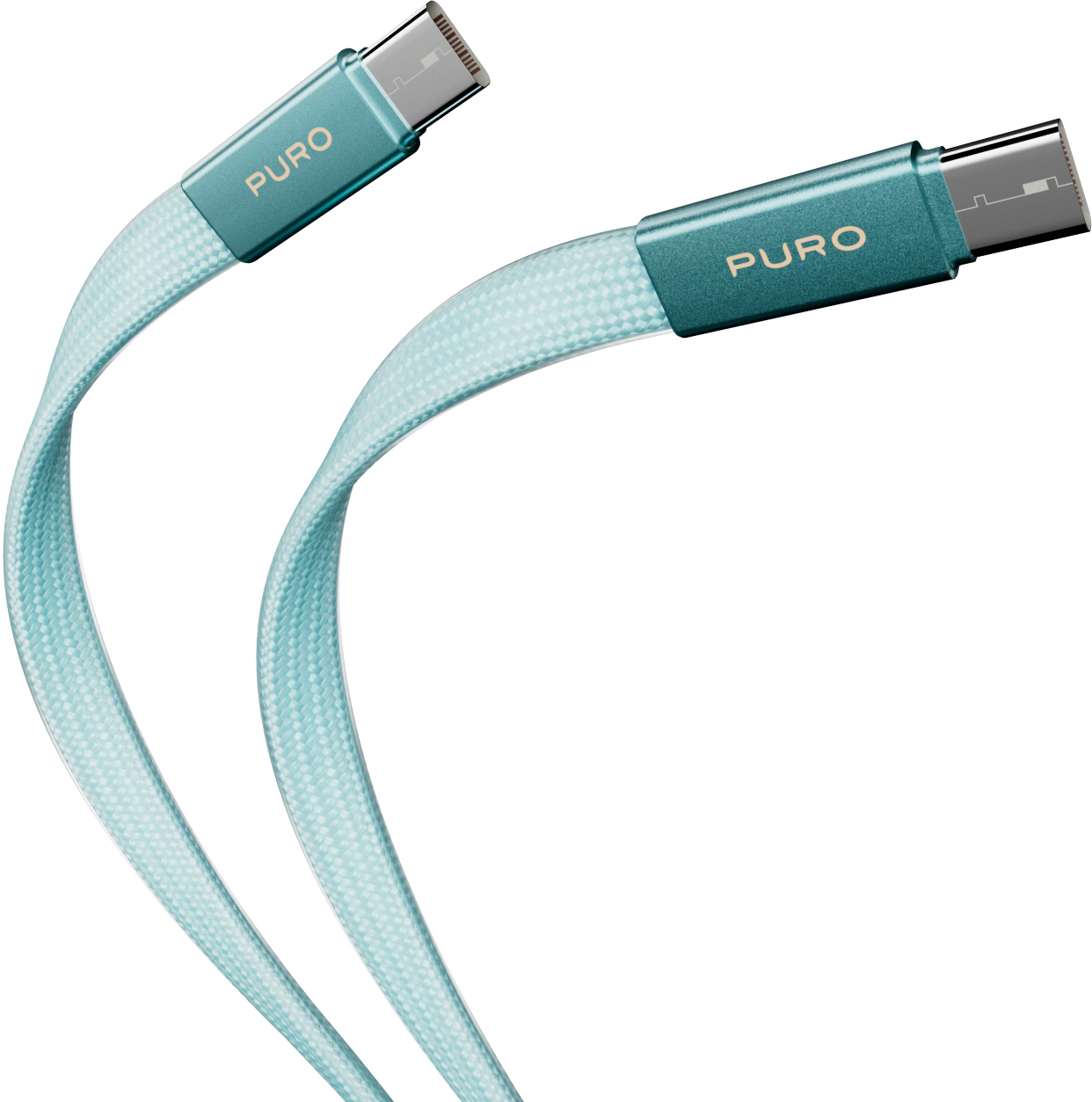 Zwei hellblaue USB-C-Kabel mit geflochtenem Mantel und PURO-Logo auf den Metallsteckern vor weißem Hintergrund.
