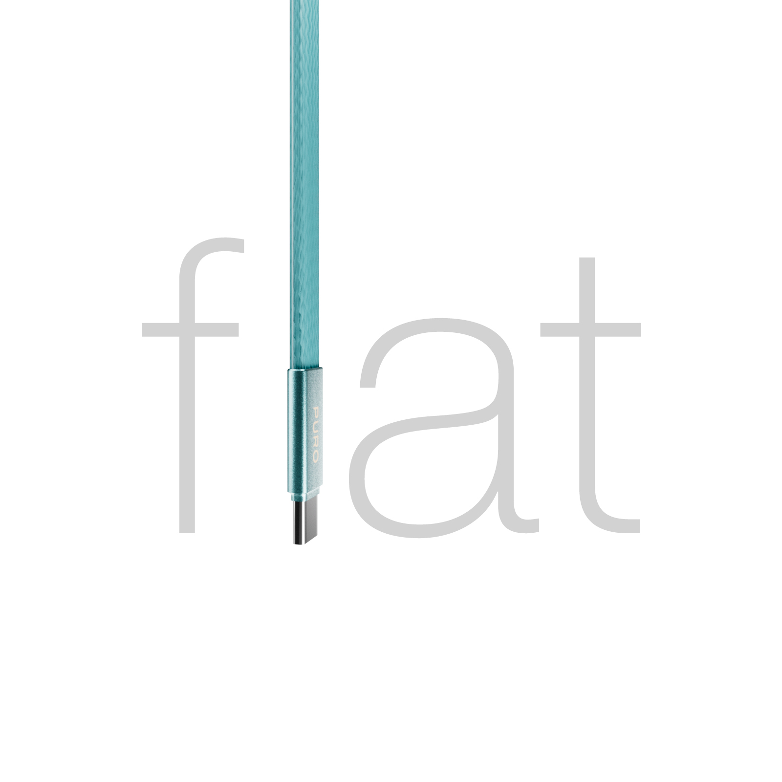 Ein flaches, hellblaues USB-Kabel mit dem Schriftzug "flat" im Hintergrund.