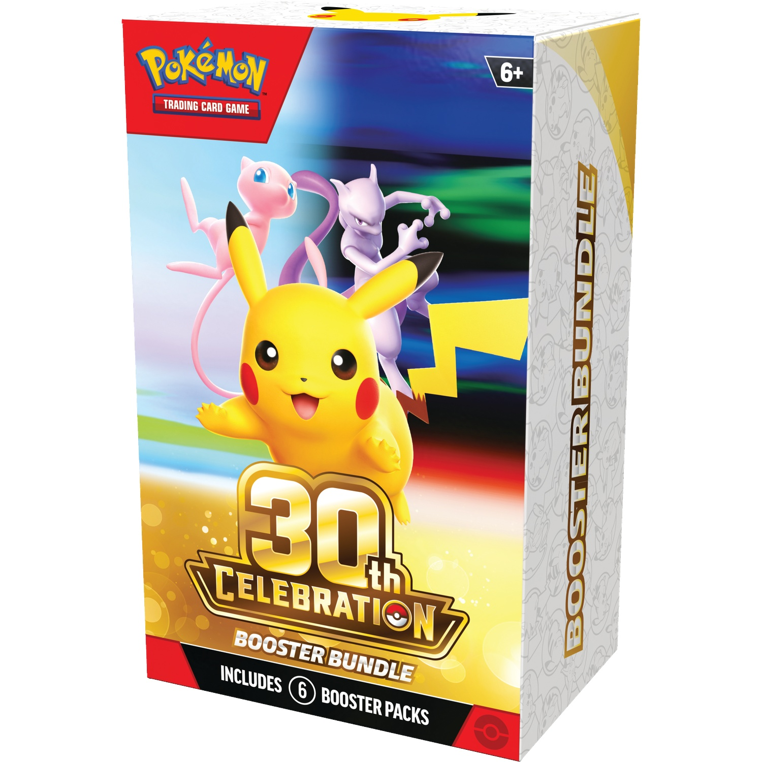 Pokemon 30th Celebration Booster Bundle doos met Pikachu, Mew en Mewtwo tegen een kleurrijke achtergrond.