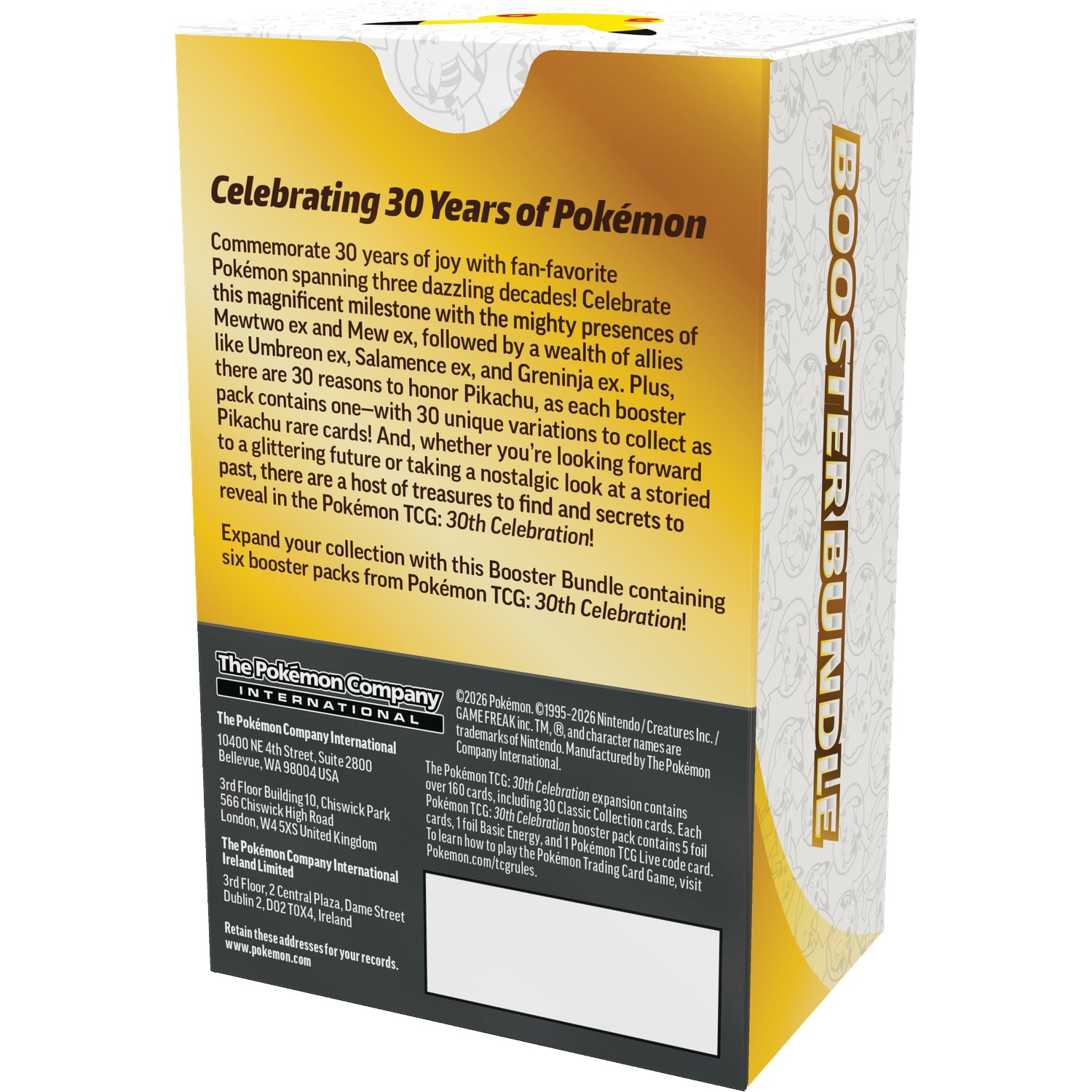 Achterkant van een Pokémon 30th Celebration booster bundle doos met promotietekst.