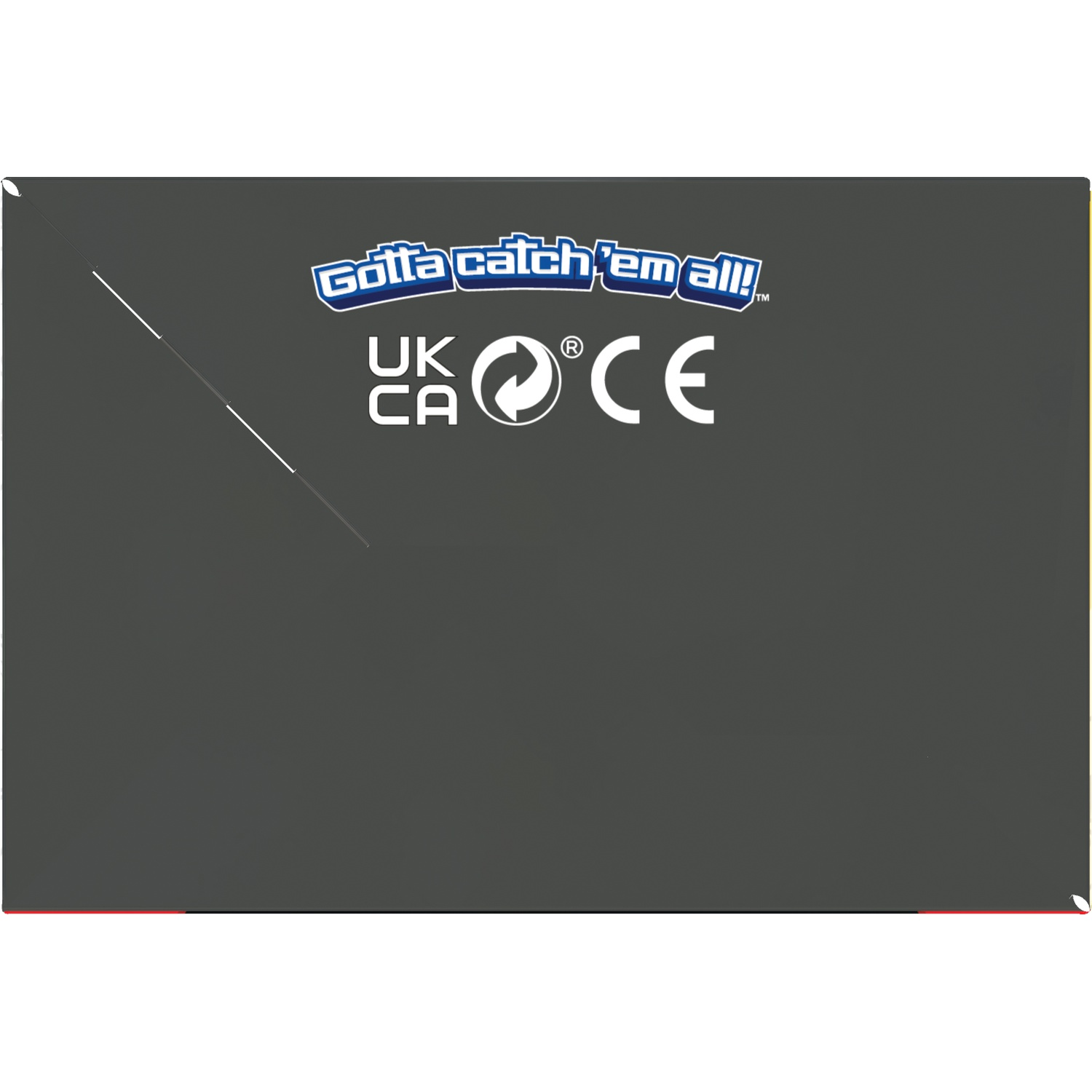 Donkergrijze achtergrond met het Pokémon-logo en CE- en UKCA-keurmerken.
