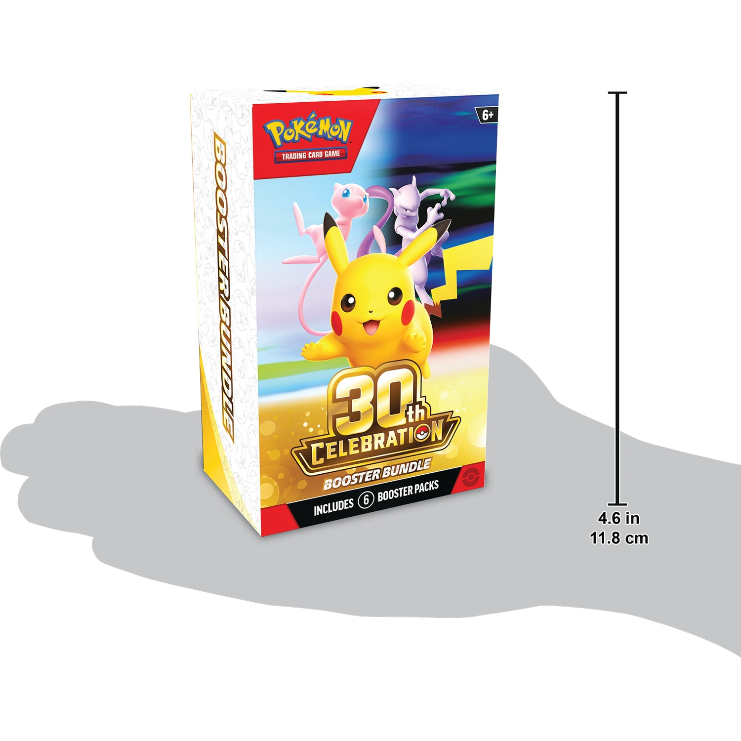 Pokémon 30th Celebration Booster Bundle doos met Pikachu, Mew en Mewtwo, hoogte 4,6 inch.