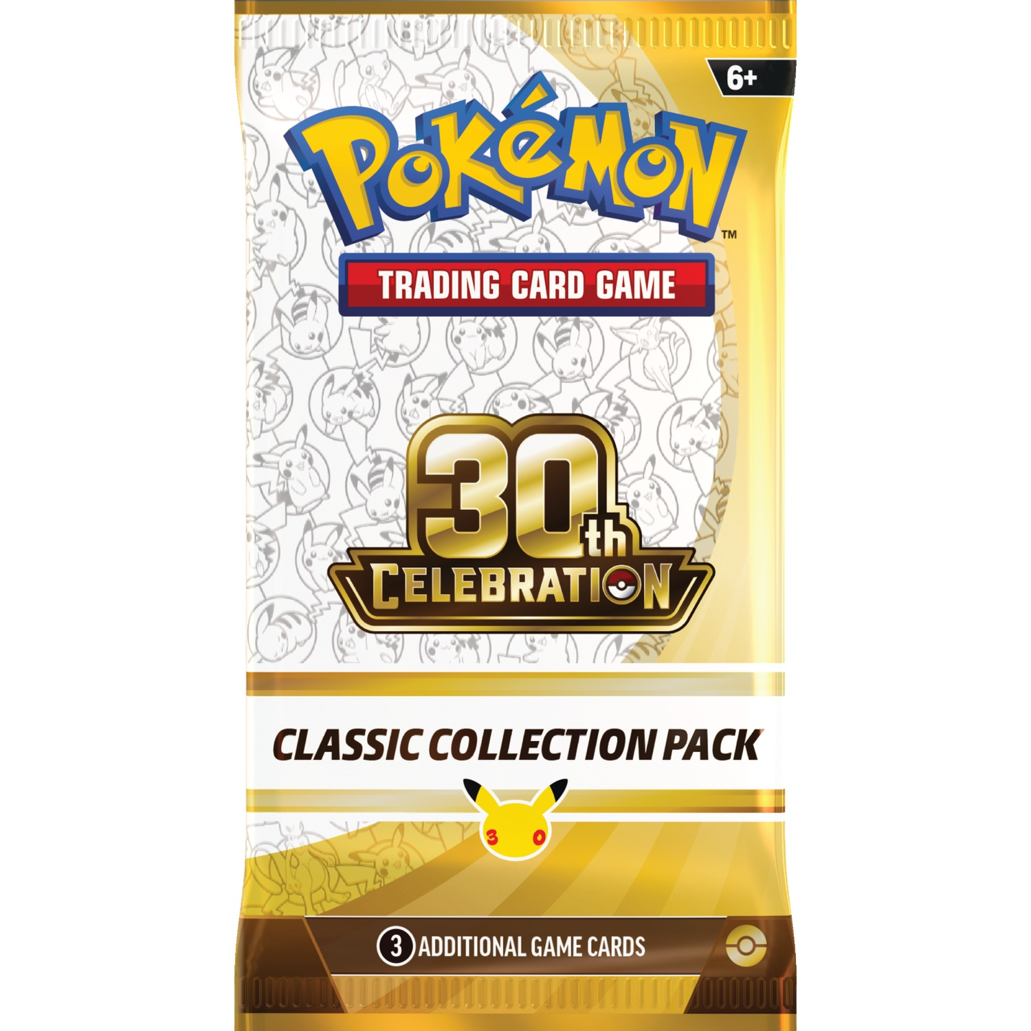 Gouden Pokémon Trading Card Game 30th Celebration Classic Collection boosterpack met Pikachu-omtrekken.