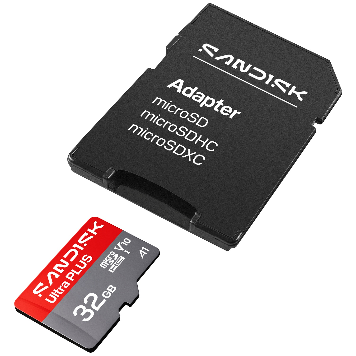 Un adaptateur de carte SD SanDisk noir et une carte microSD SanDisk Ultra Plus 32 Go rouge et grise sur fond blanc.