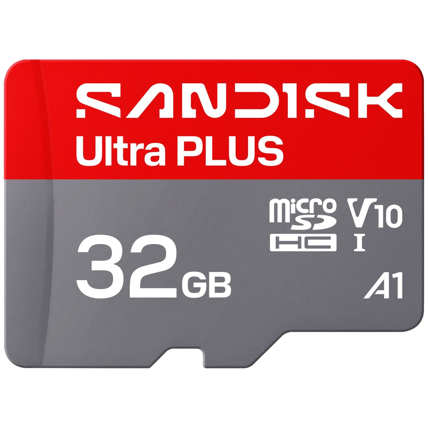 Une carte mémoire microSDHC SanDisk Ultra PLUS 32 Go rouge et grise.