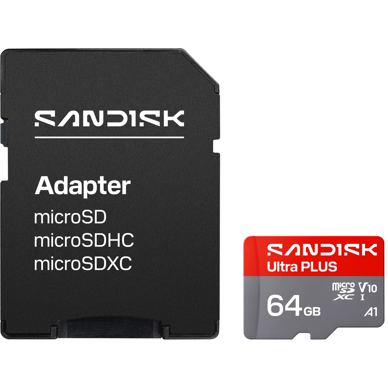 Adaptateur de carte SD SanDisk et carte microSD Ultra PLUS 64 Go sur fond blanc.