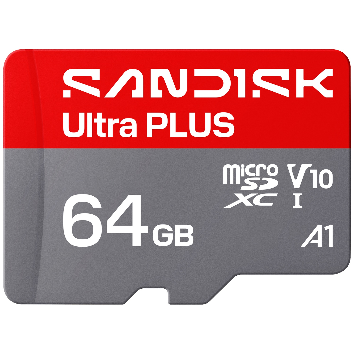 Carte mémoire MicroSDXC SanDisk Ultra PLUS 64 Go rouge et grise avec texte blanc.