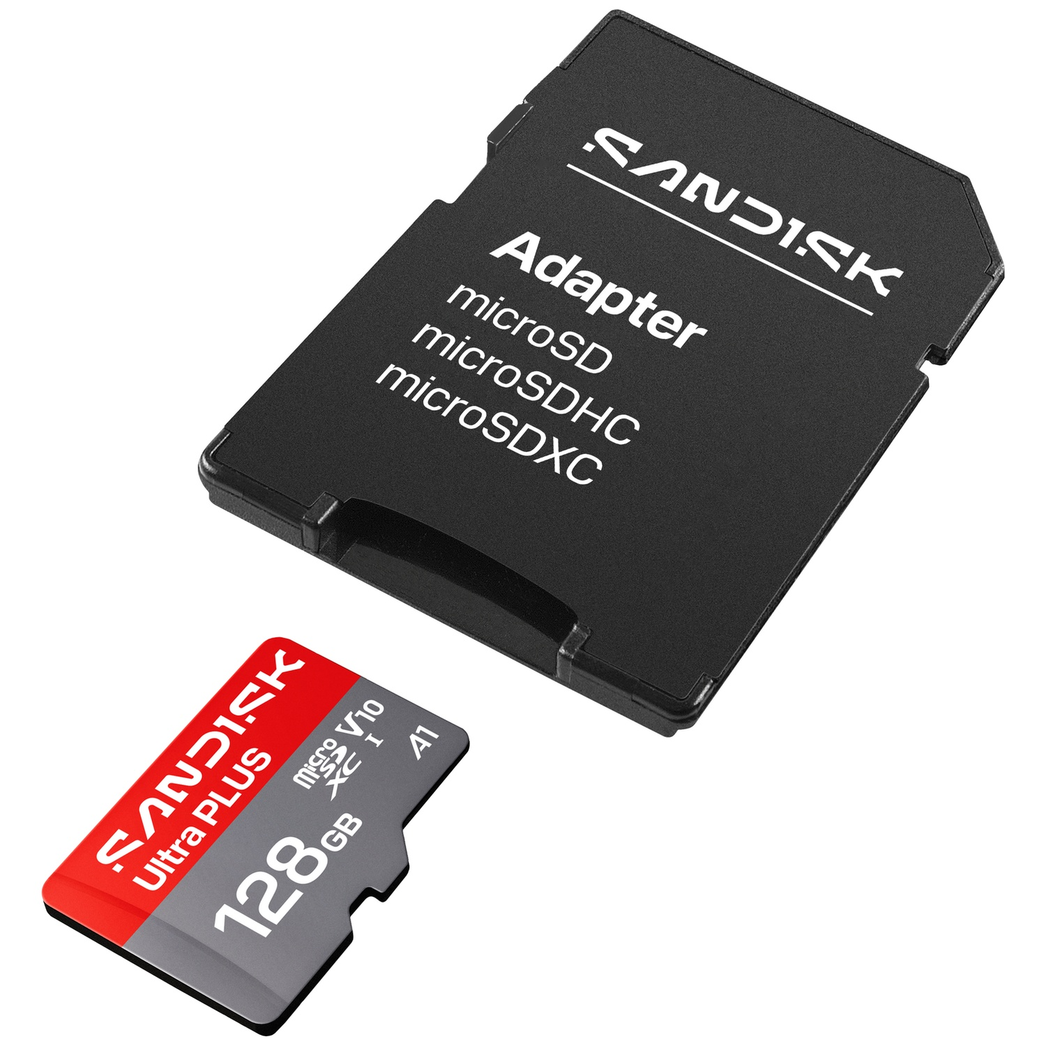 Un adaptateur de carte SD SanDisk noir et une carte microSDXC rouge et grise de 128 Go.