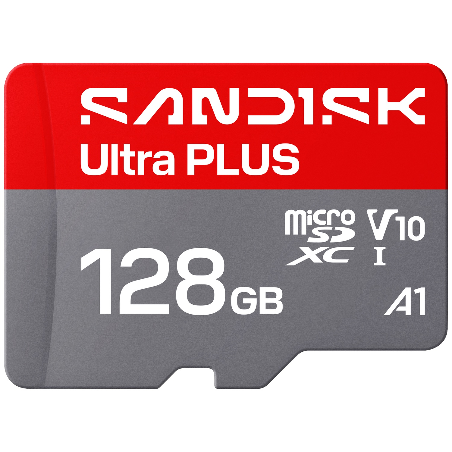 Carte mémoire microSDXC SanDisk Ultra PLUS 128 Go au design rouge et gris, indiquant la capacité et la vitesse.