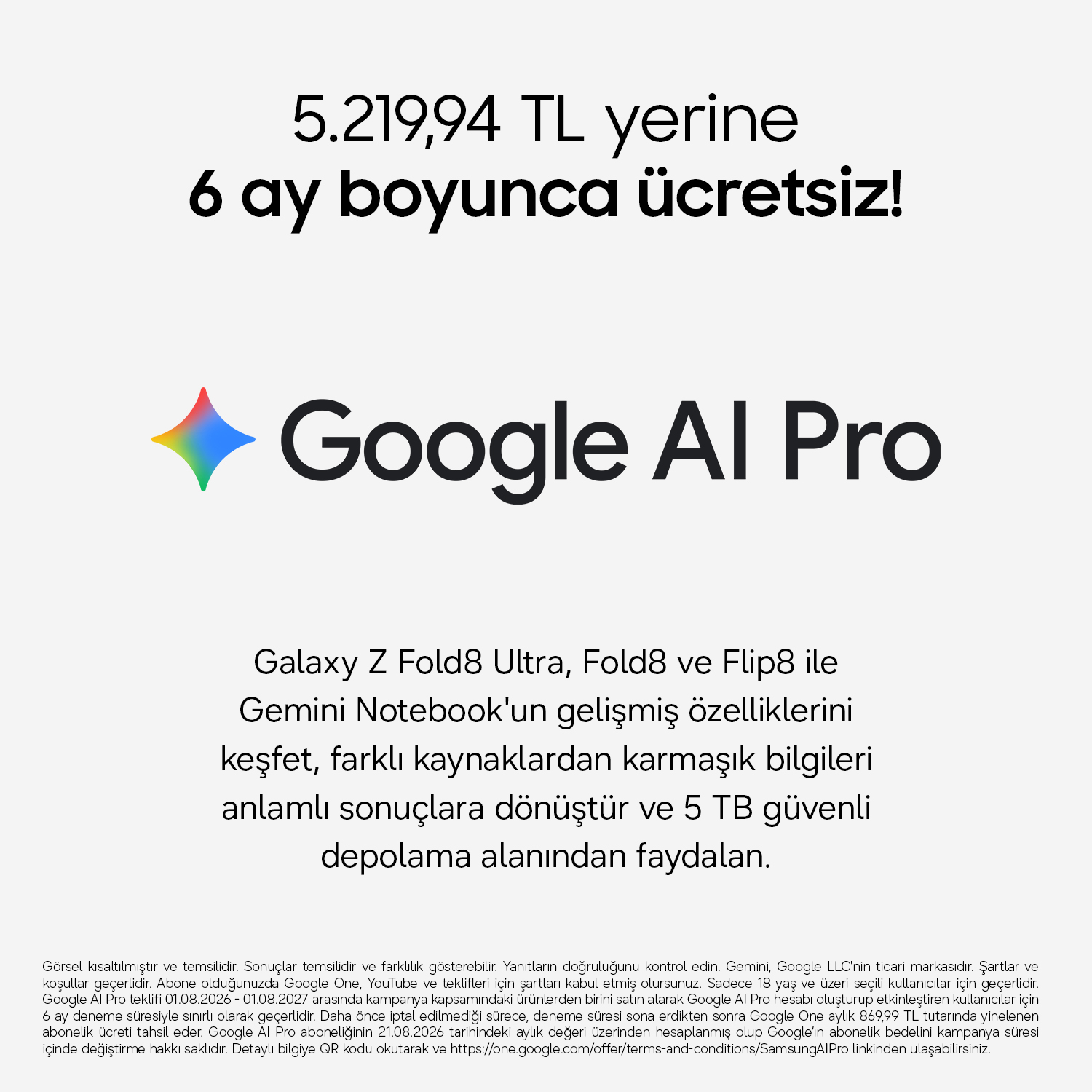 Beyaz arka plan ve renkli logo üzerinde metin içeren Google AI Pro tanıtımı.