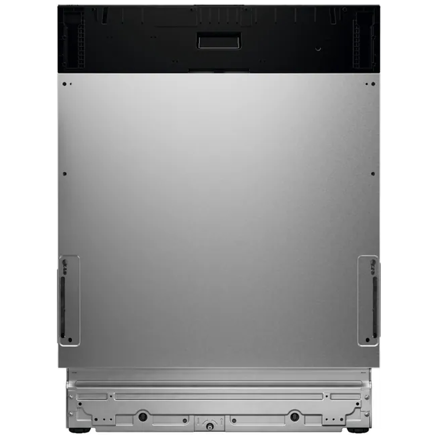 Front view of an integrated dishwasher with a silver metal panel and a black top section.