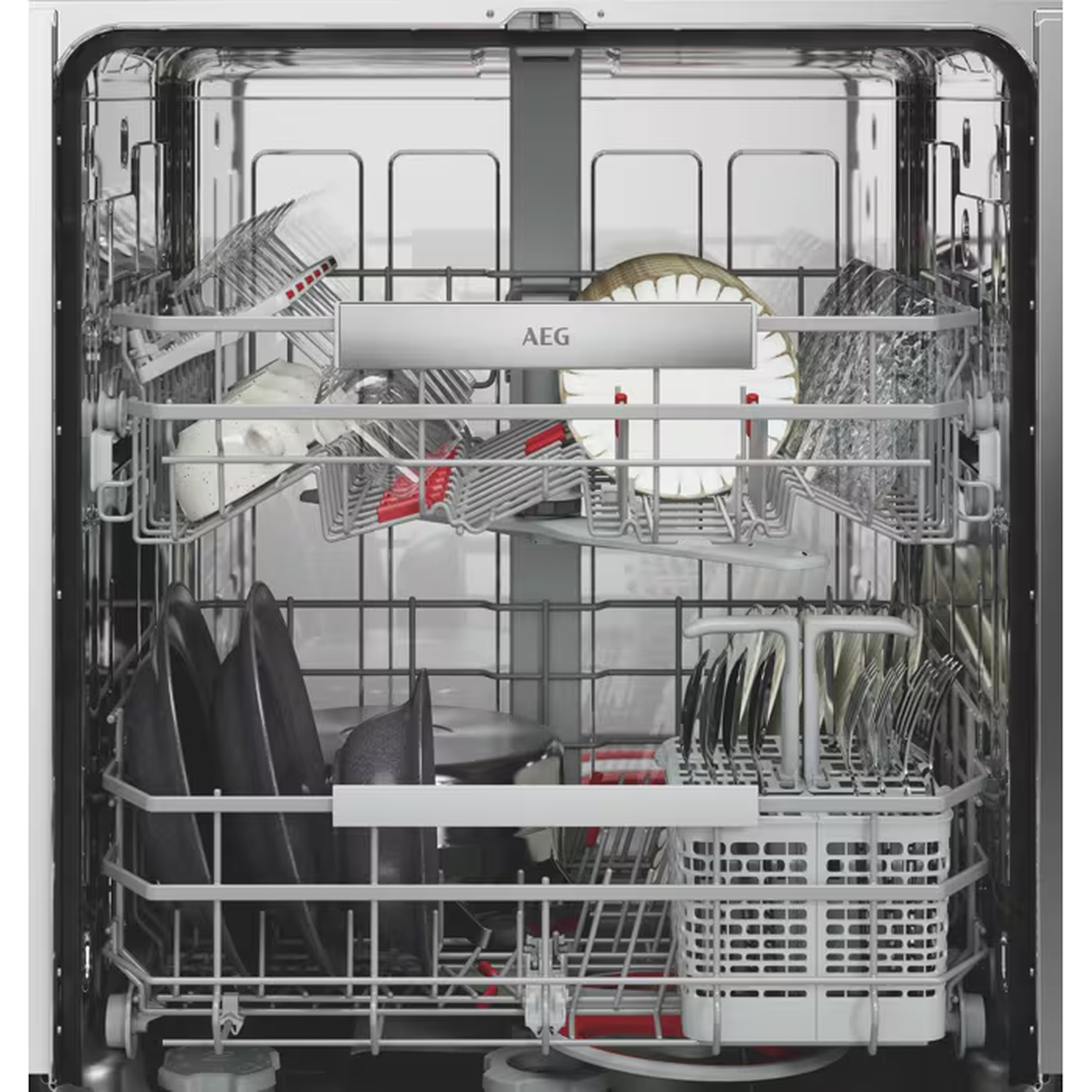Open AEG dishwasher with loaded racks filled with plates, bowls, and cutlery.
