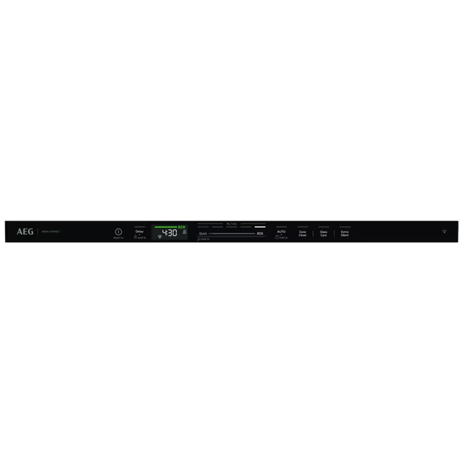 A black AEG dishwasher control panel with a digital display showing 4:30 and touch buttons.