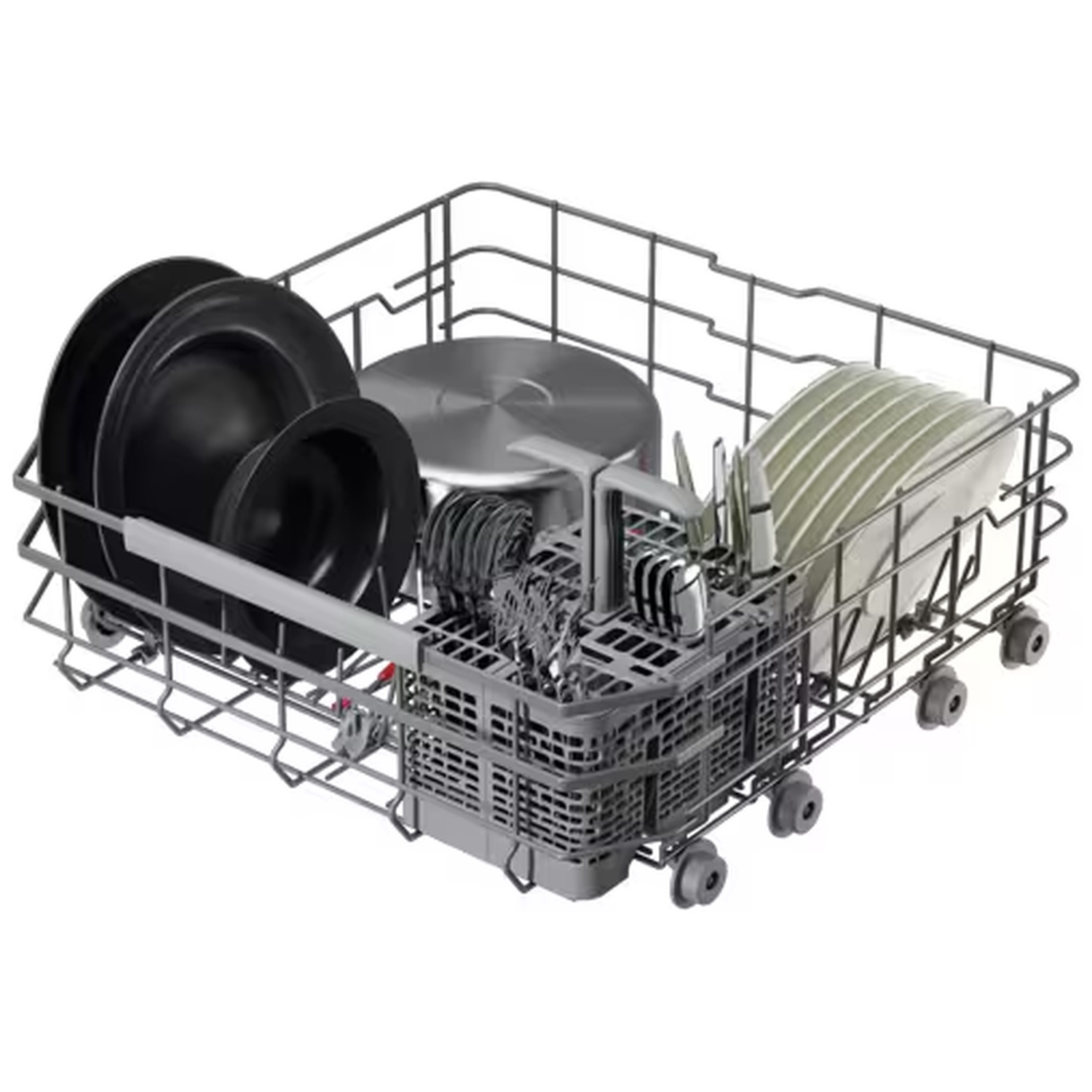 Lower dishwasher rack filled with plates, pots, cutlery, and bowls.