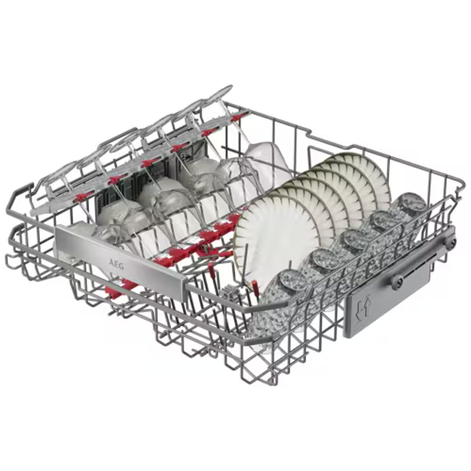 An upper dishwasher rack from AEG is loaded with wine glasses, plates, and cups.