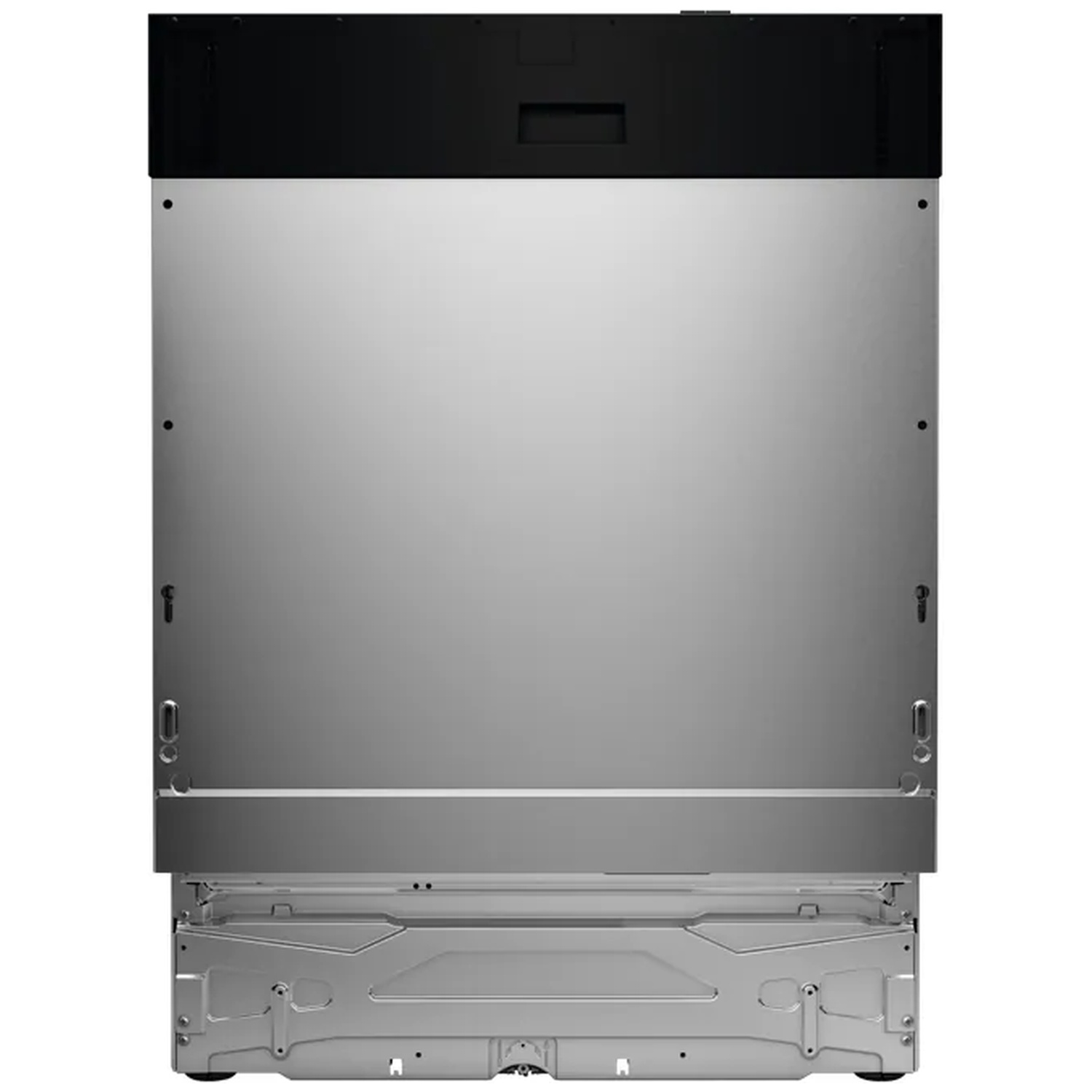 Front view of a silver dishwasher with a black control panel at the top.