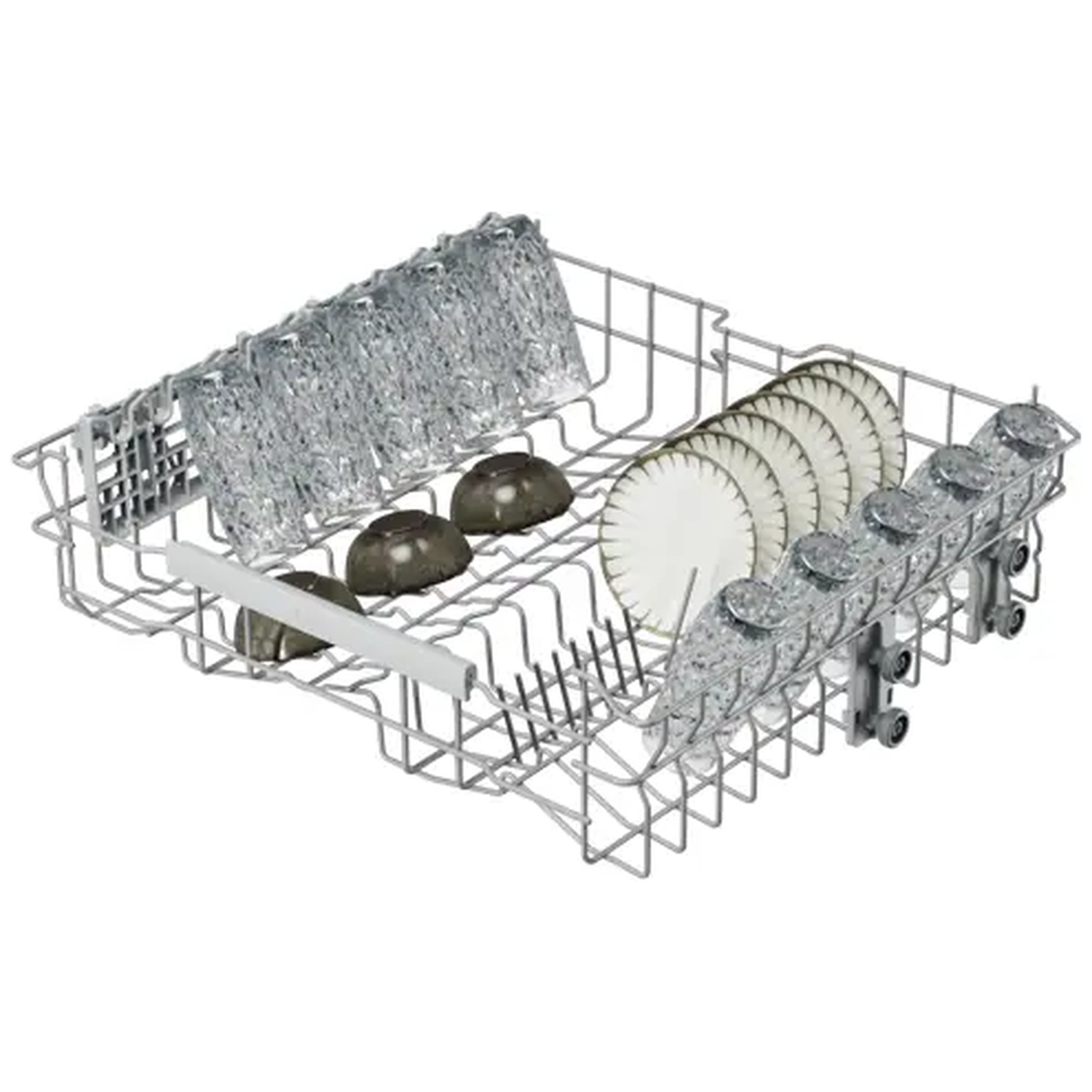 An upper dishwasher rack filled with glasses, bowls, and small plates.