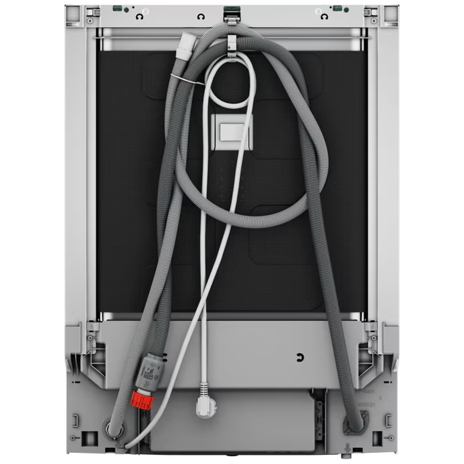 Back of a dishwasher featuring gray drain hoses and a white power cord.