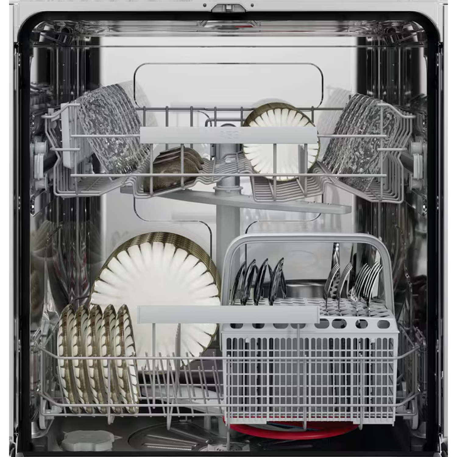An open dishwasher with racks filled with clean dishes, plates, and cutlery.