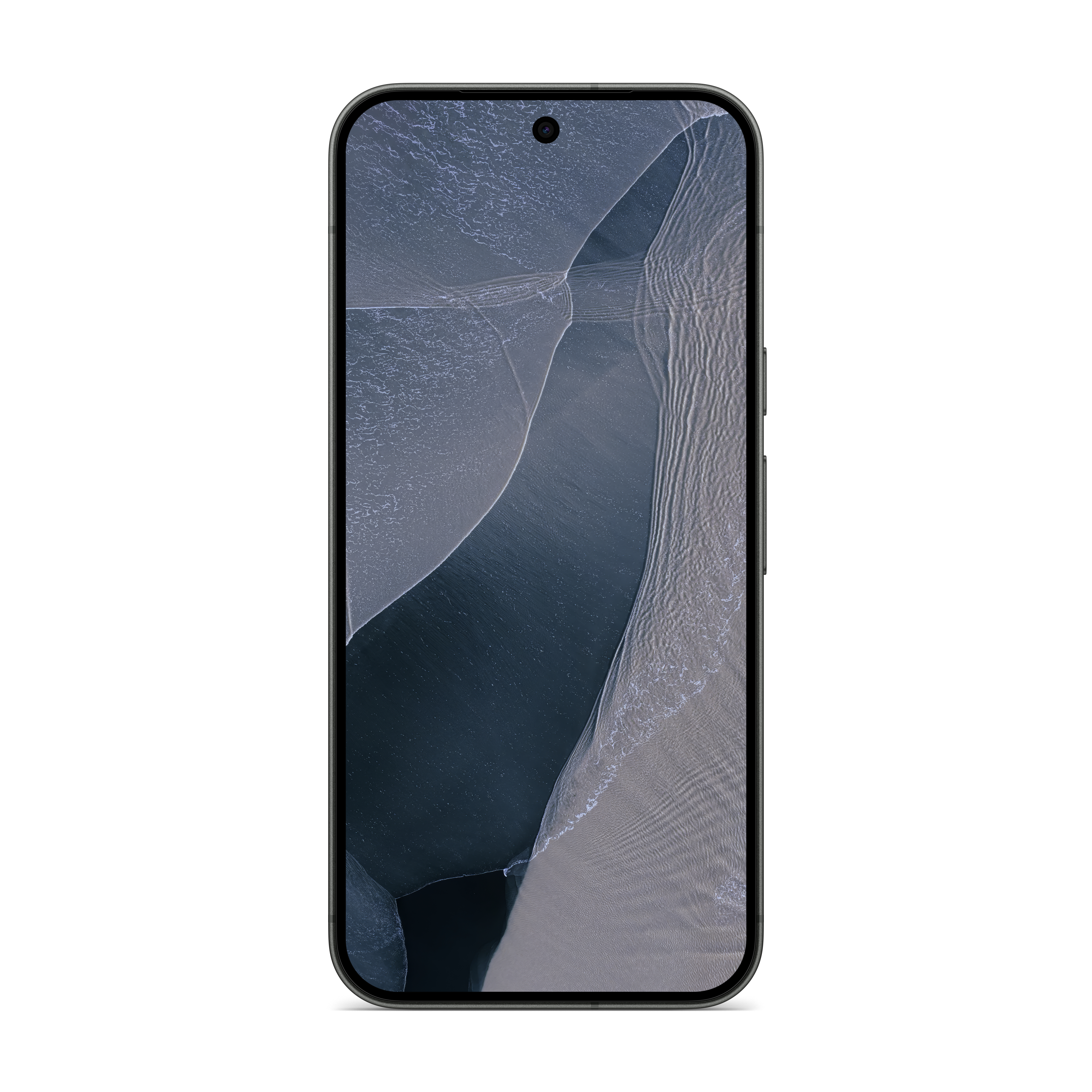 Ein dunkles Smartphone mit einem Hintergrundbild, das eine Luftaufnahme von Wellen zeigt.