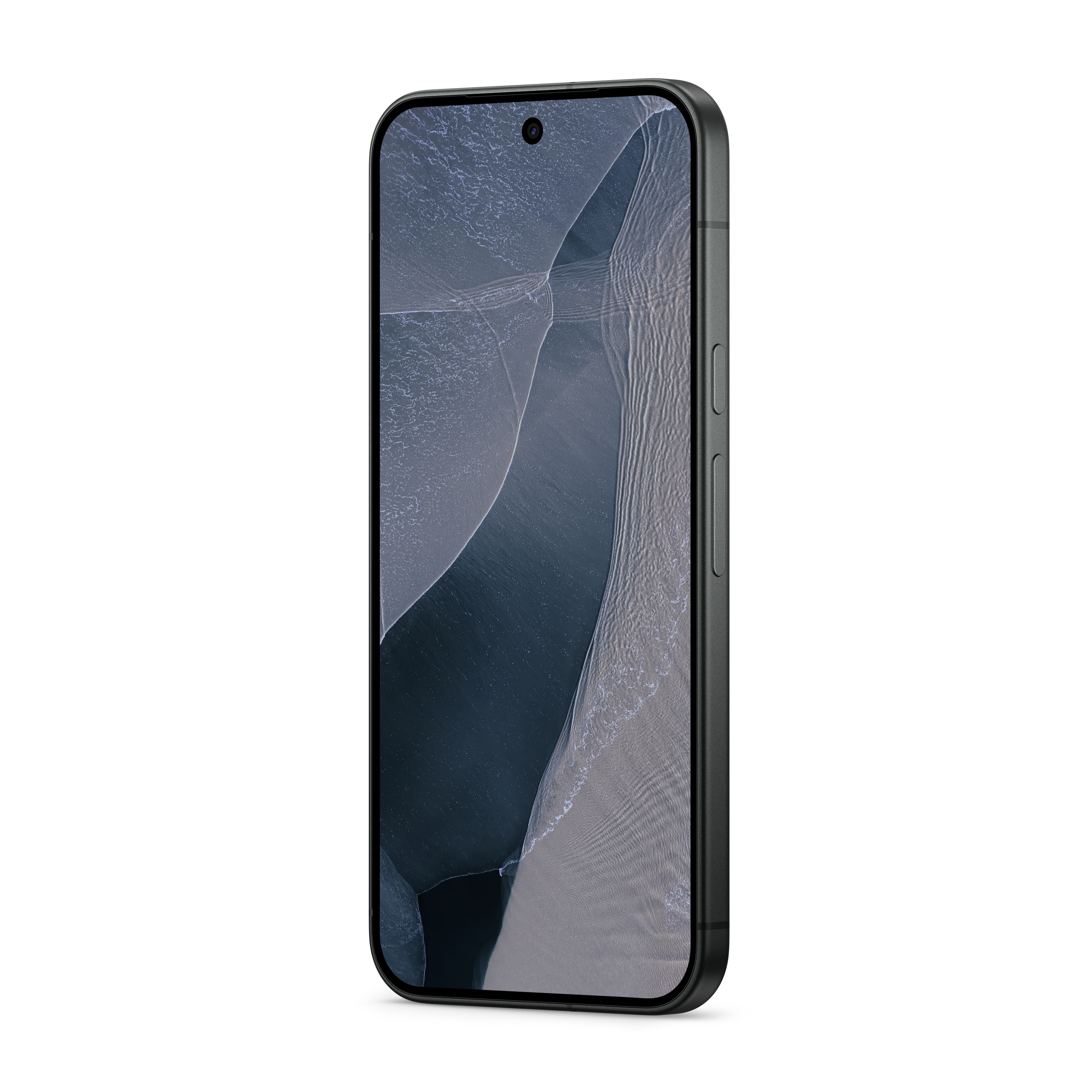 Ein schwarzes Smartphone mit abgerundeten Ecken und Wellenmuster-Bildschirm auf weißem Hintergrund.