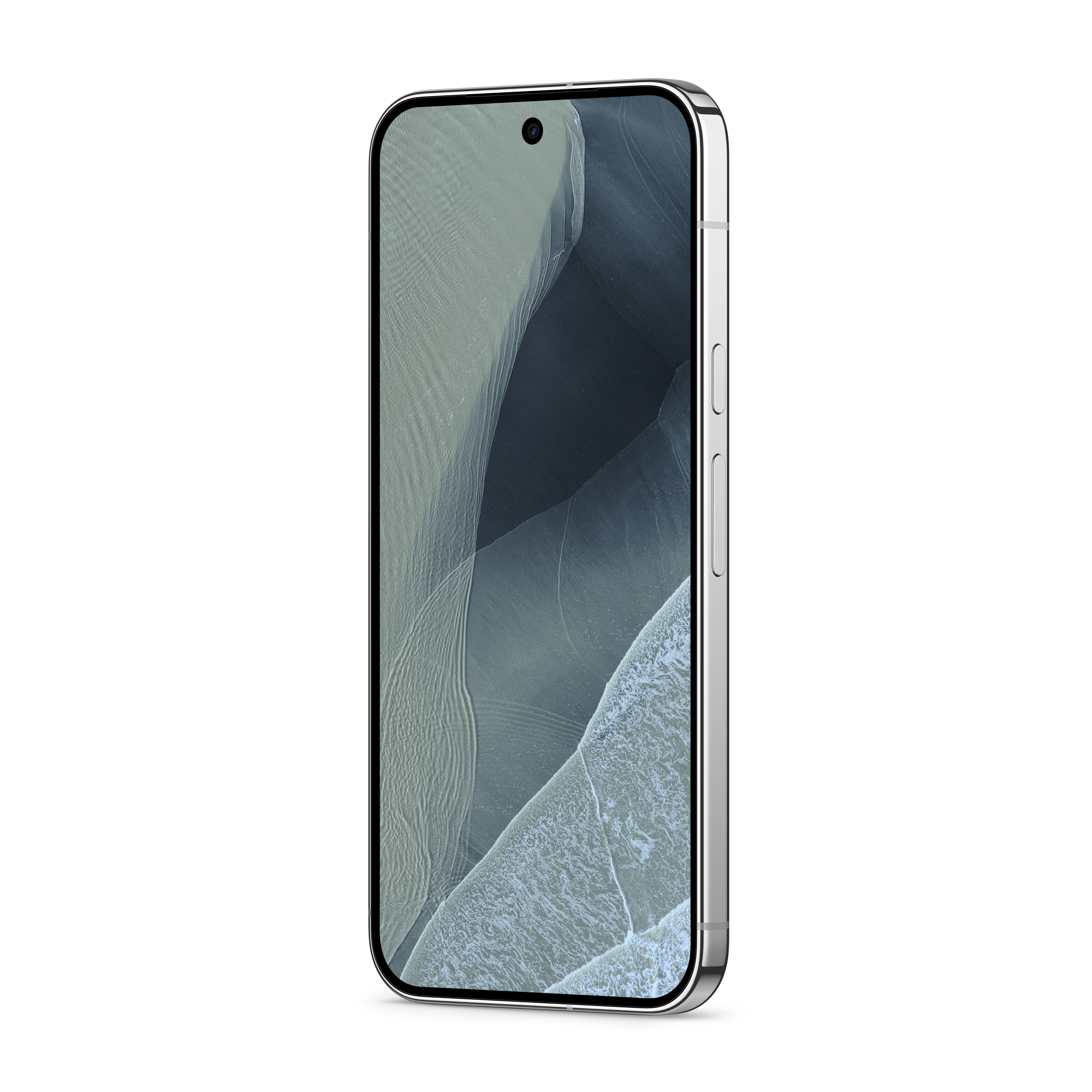 Ein silbernes Smartphone in Schrägansicht zeigt ein abstraktes grau-weißes Wellenmuster-Hintergrundbild.