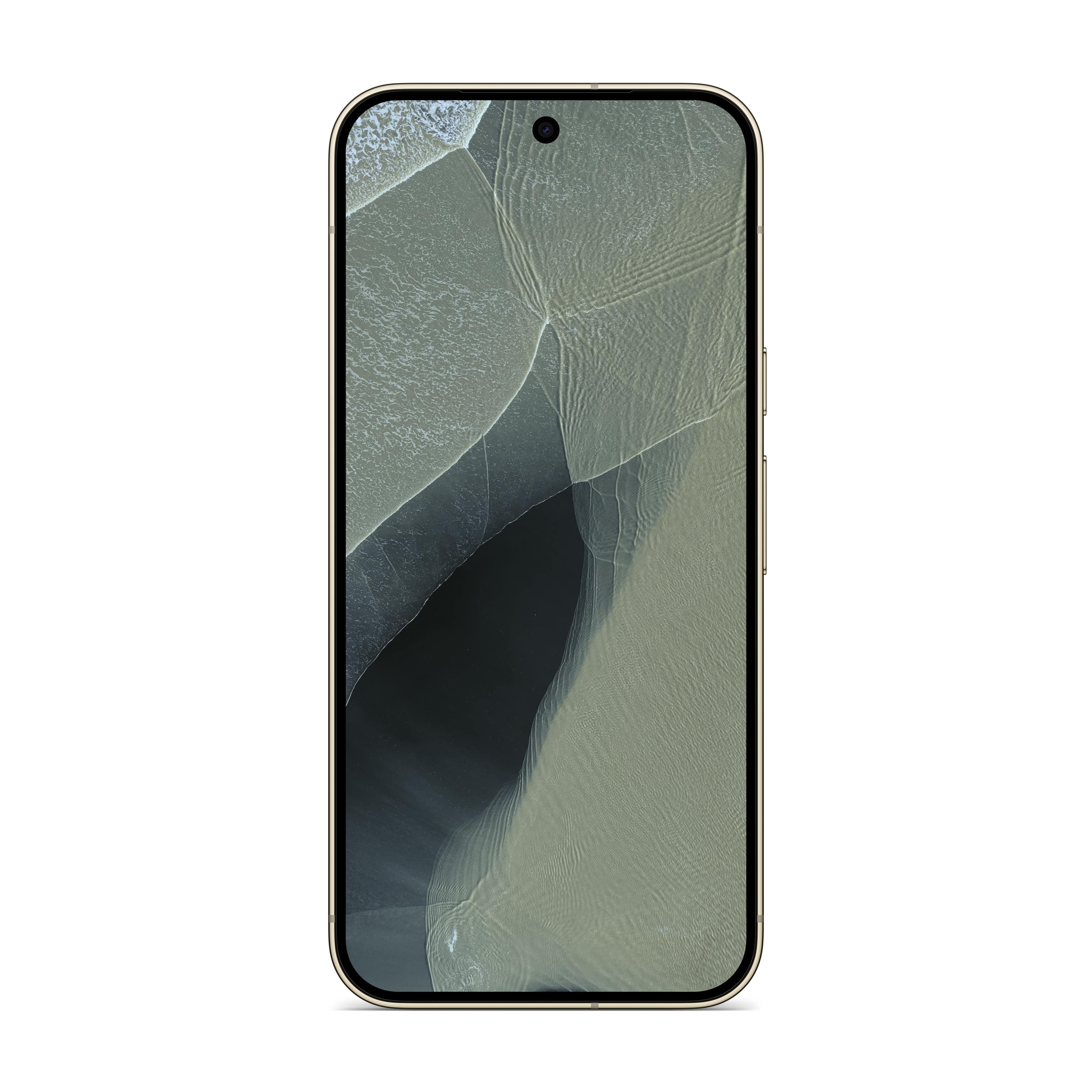 Ein Smartphone mit goldenem Rahmen zeigt auf dem Bildschirm ein abstraktes Wellenmuster in Grau und Schwarz.