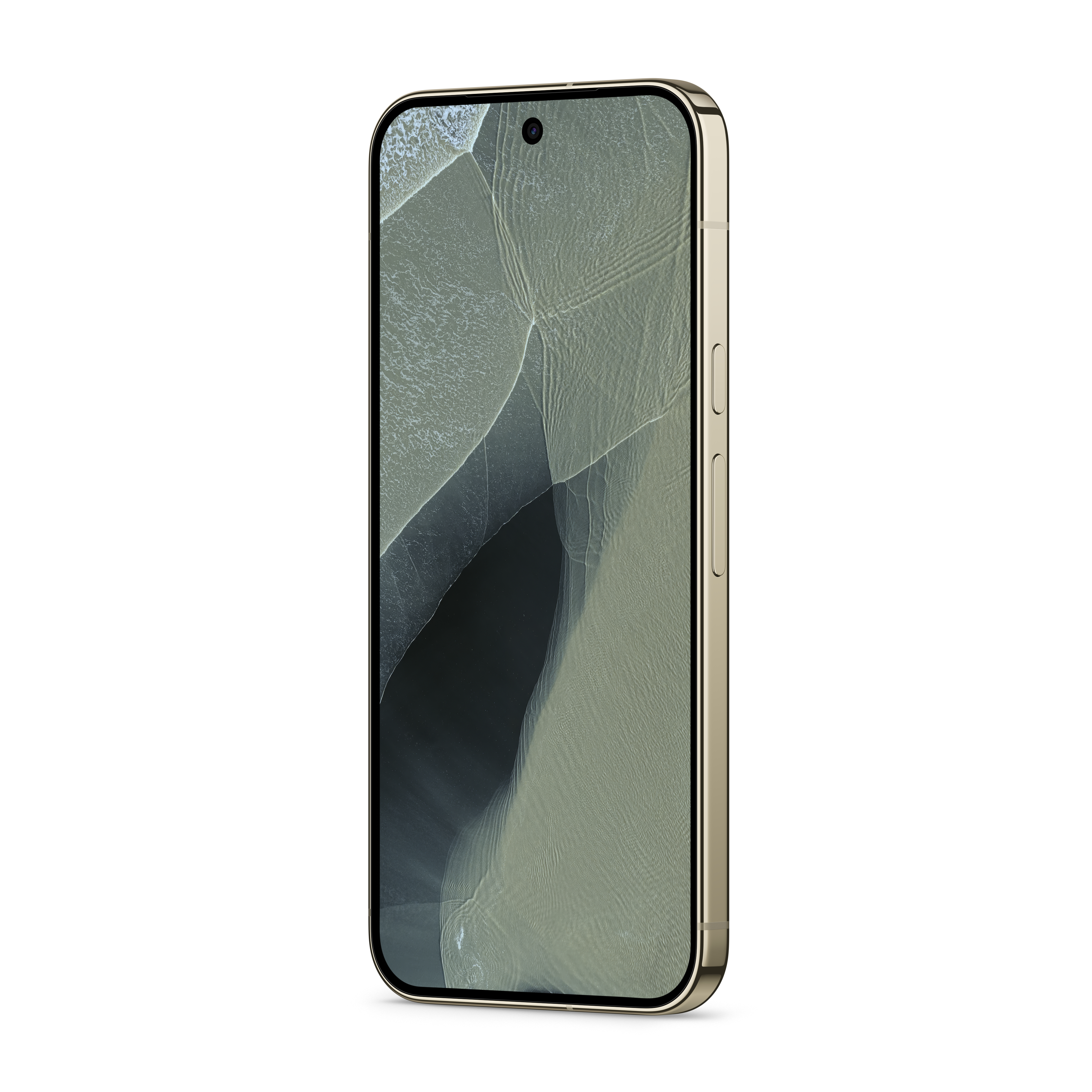Ein goldenes Smartphone mit dem Bildschirm nach vorne auf weißem Hintergrund.