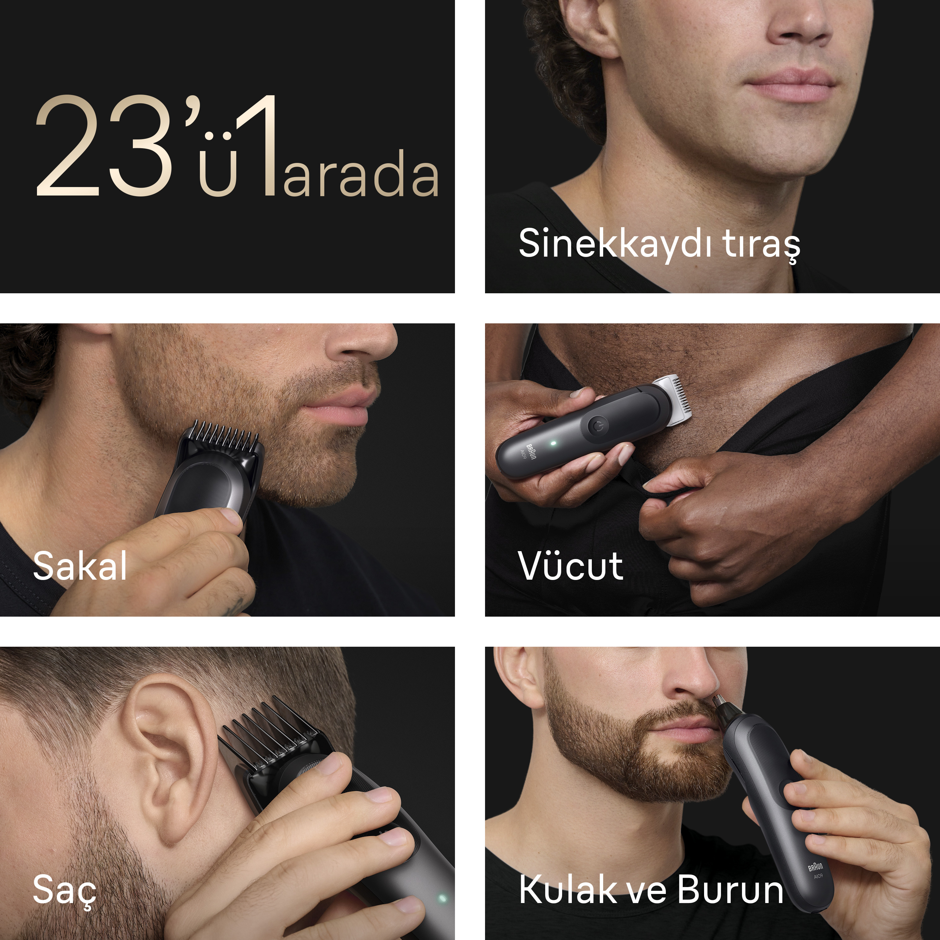 Sakal, vücut, saç, kulak ve burun bakımı için çok amaçlı tıraş makinesi uygulamaları.