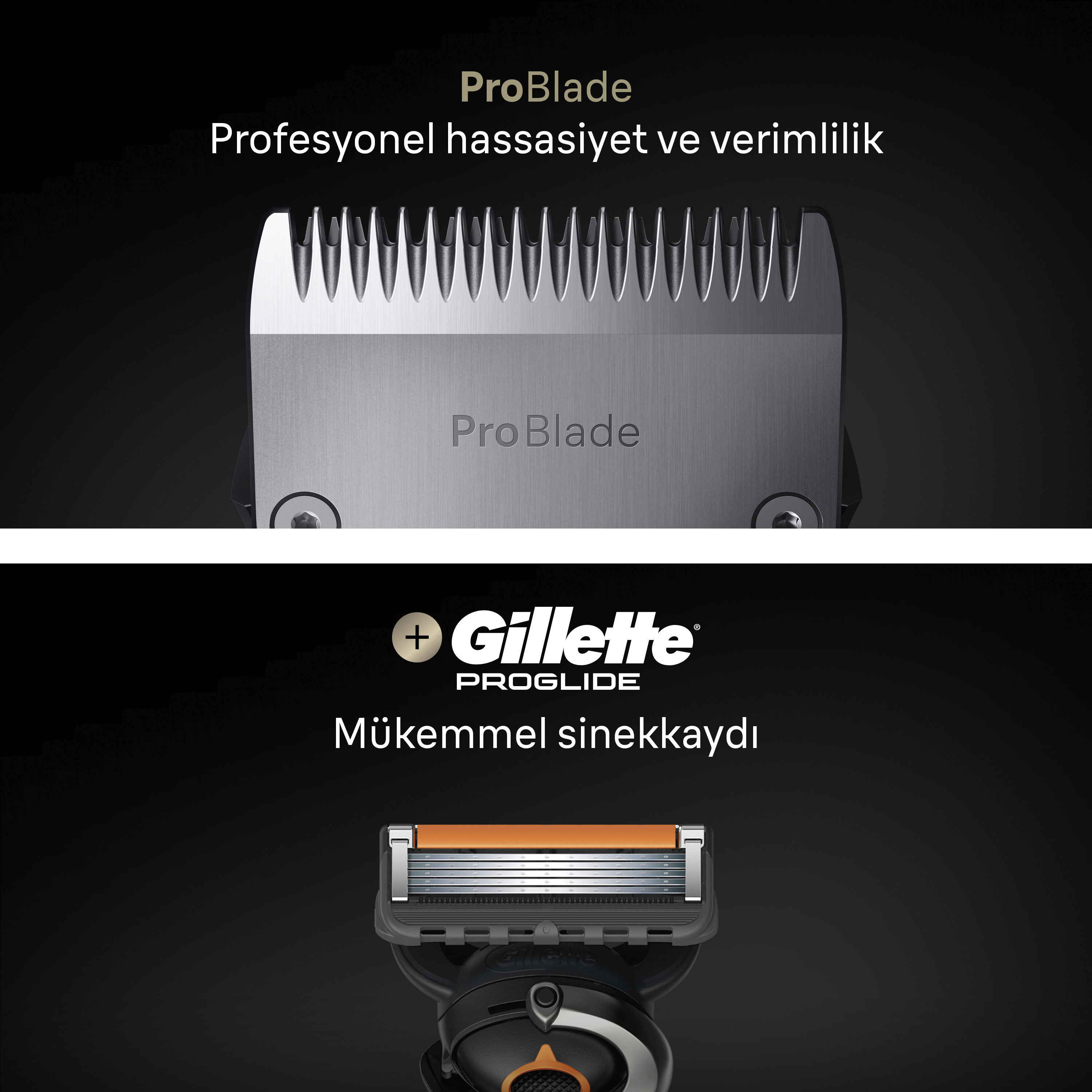 Siyah arka planda ProBlade tıraş makinesi başlığı ve Gillette ProGlide tıraş bıçağının yakın çekimi.