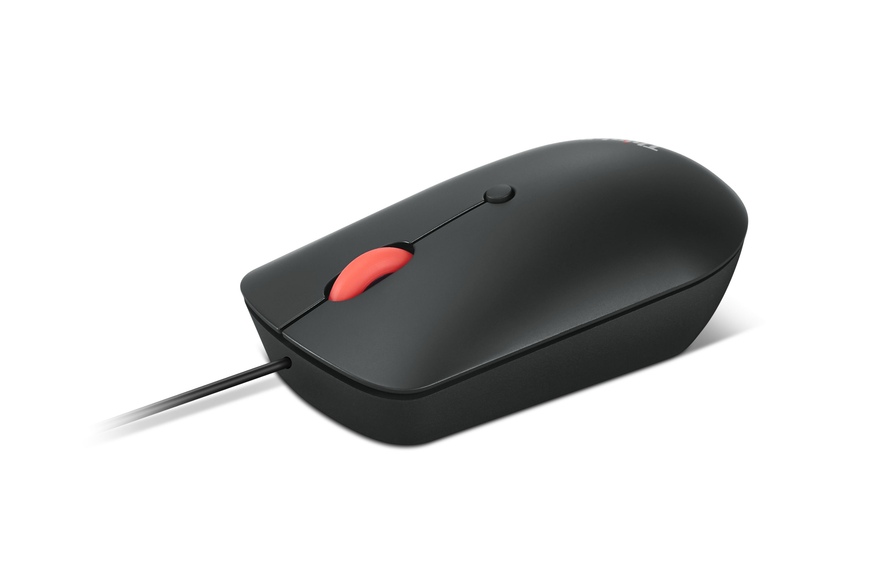 Eine schwarze Computermaus mit rotem Mausrad und Kabel auf weißem Hintergrund.