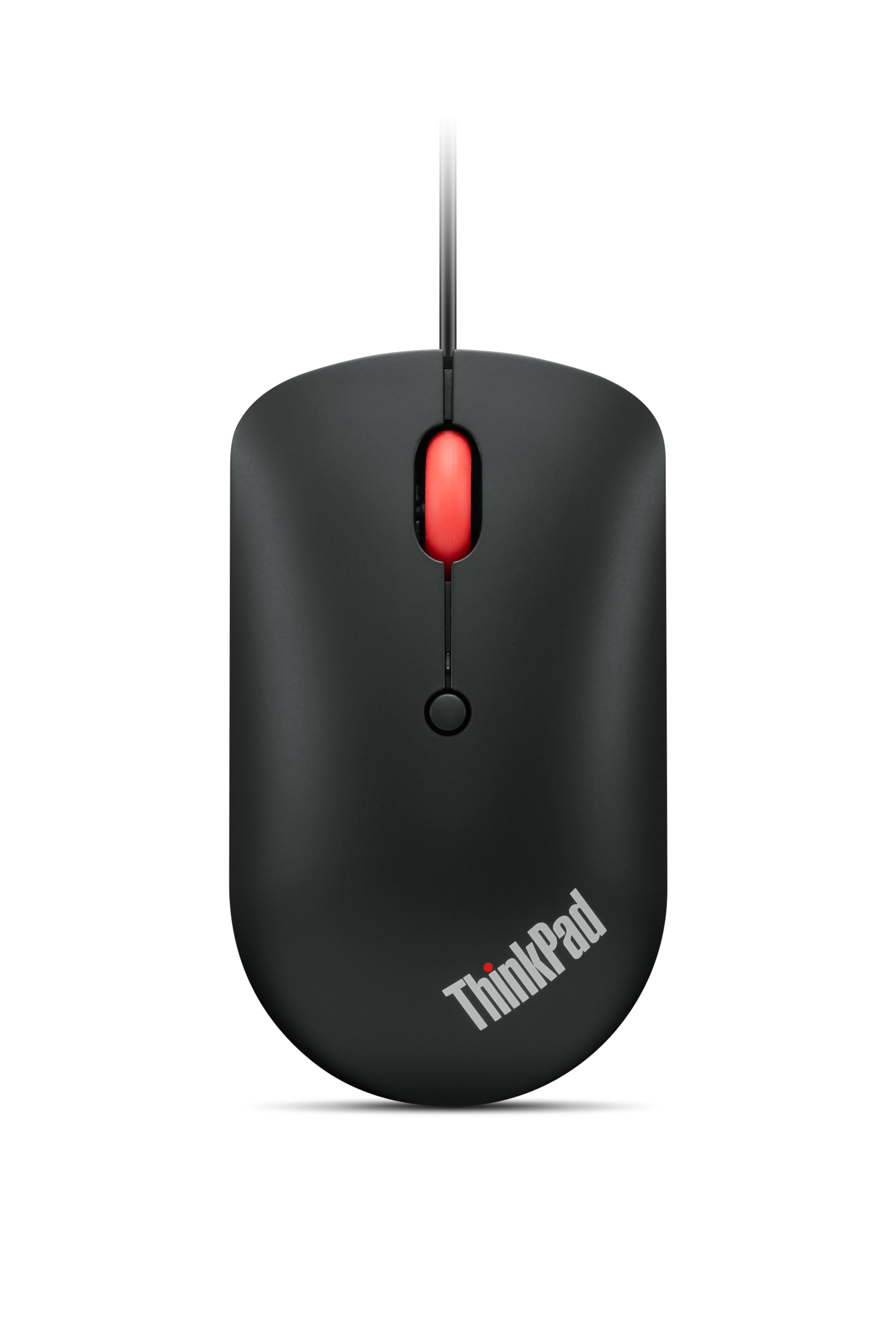 Schwarze ThinkPad-Computermaus mit rotem Scrollrad und weißem Logo auf weißem Hintergrund.