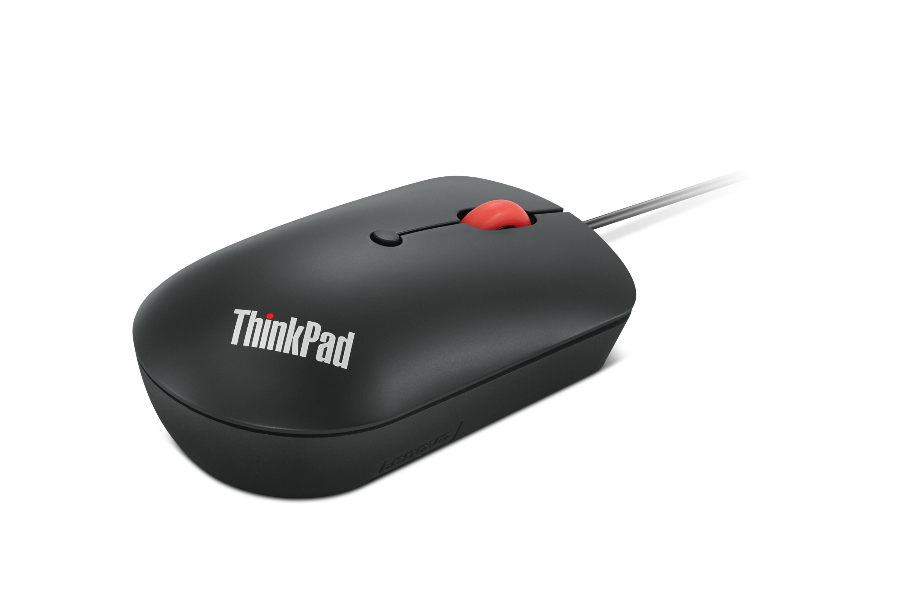 Eine schwarze kabelgebundene ThinkPad-Maus mit rotem Mausrad vor weißem Hintergrund.