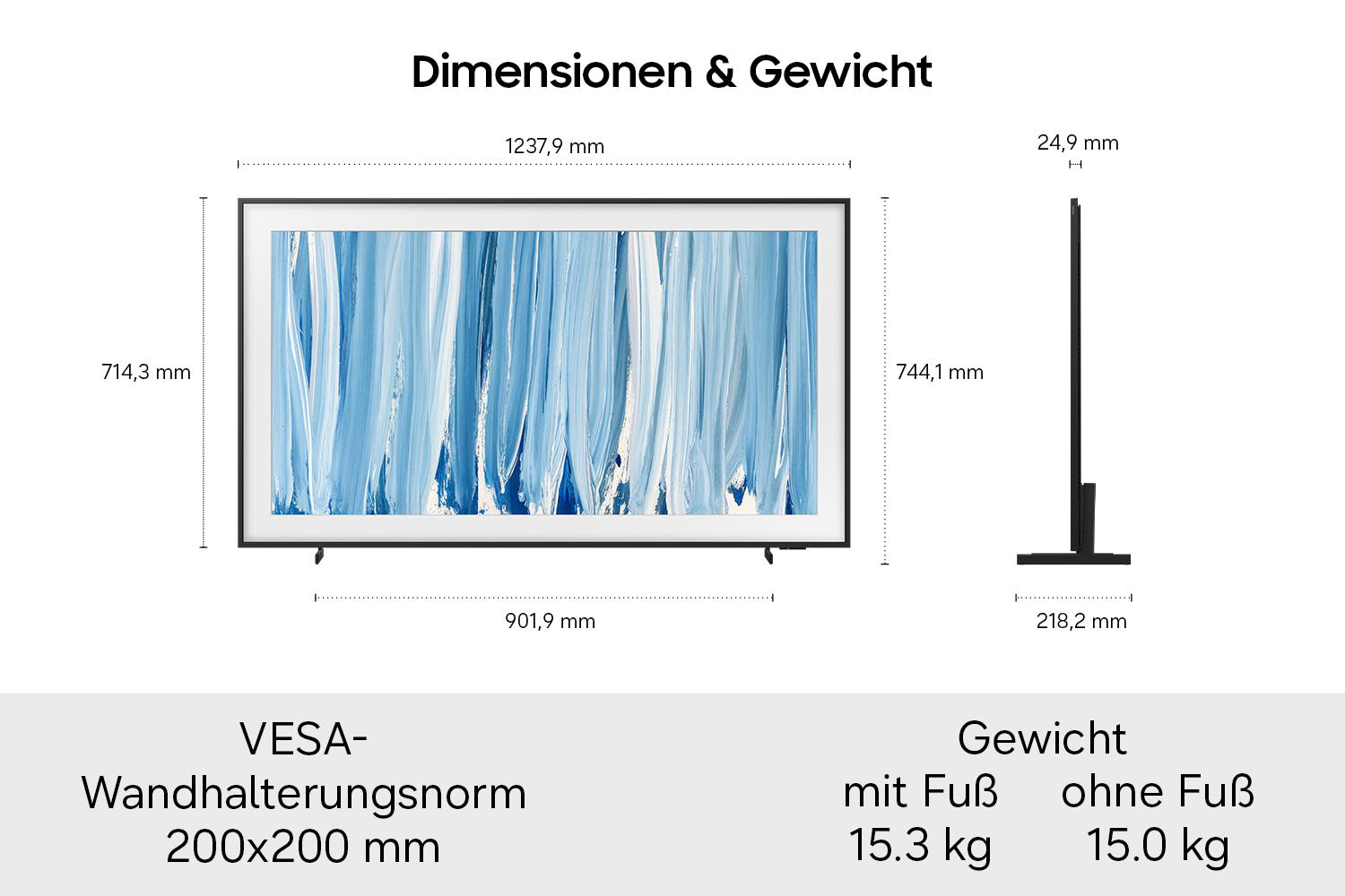 Technische Zeichnung mit Fernseher-Abmessungen, Gewicht und VESA-Norm.