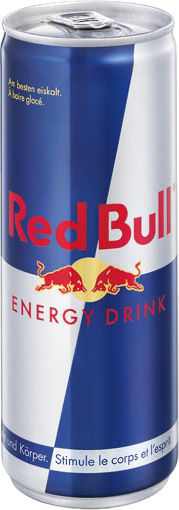 Une canette de boisson énergisante Red Bull avec un design bleu et argent et deux taureaux rouges.