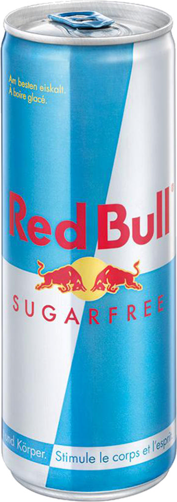 Une canette de Red Bull Sugarfree avec le logo emblématique sur fond bleu et blanc.