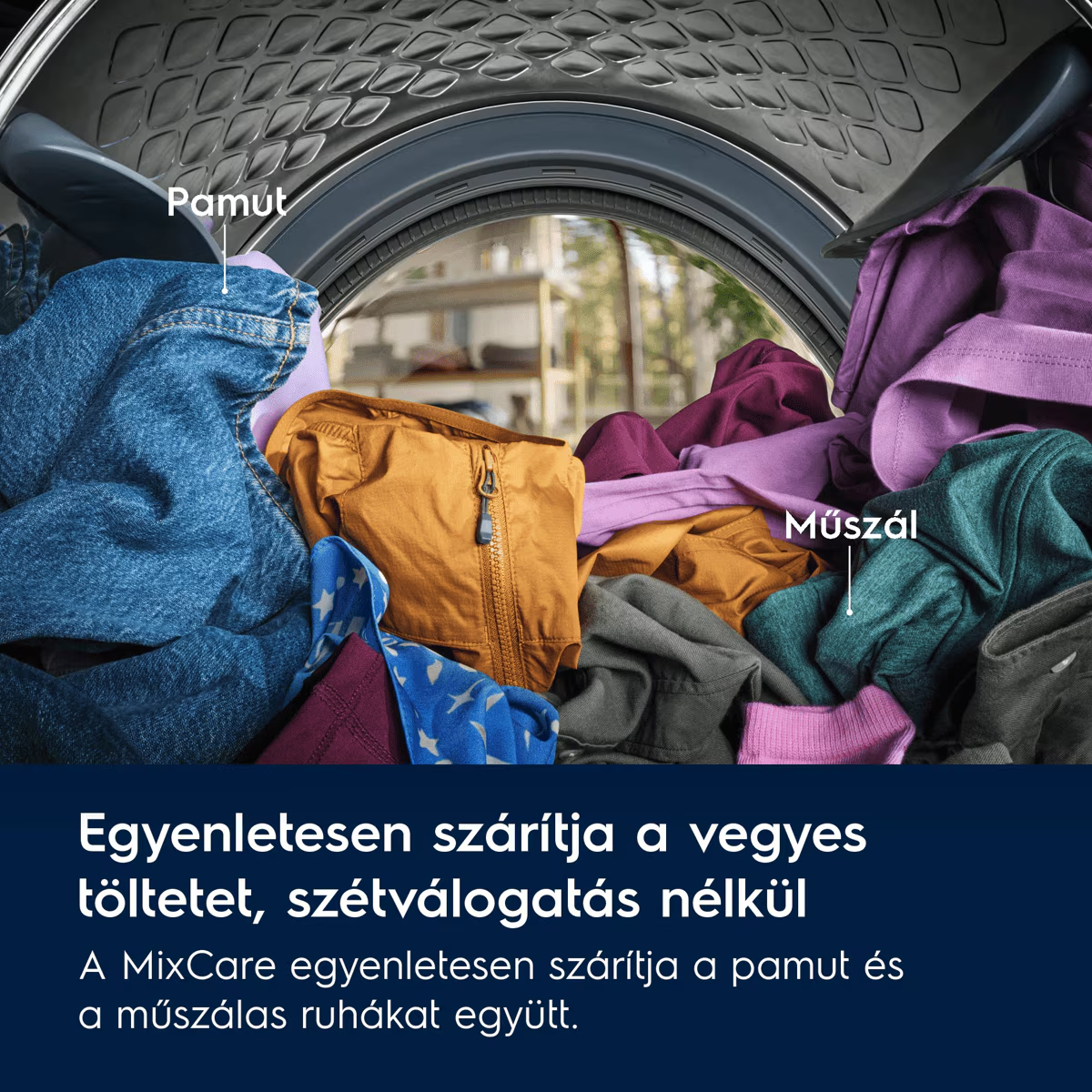 Színes ruhák a szárítógép dobjában, Pamut és Műszál feliratokkal, valamint reklámszöveggel.