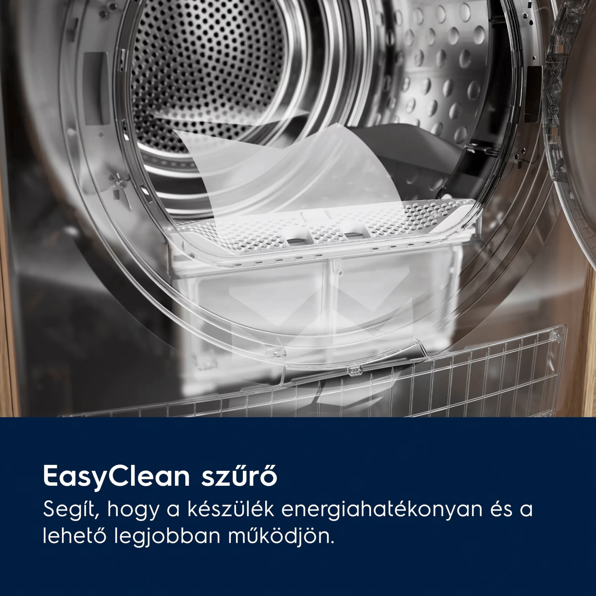 Szárítógép nyitott EasyClean szűrőjének közeli képe alján magyar szöveggel.