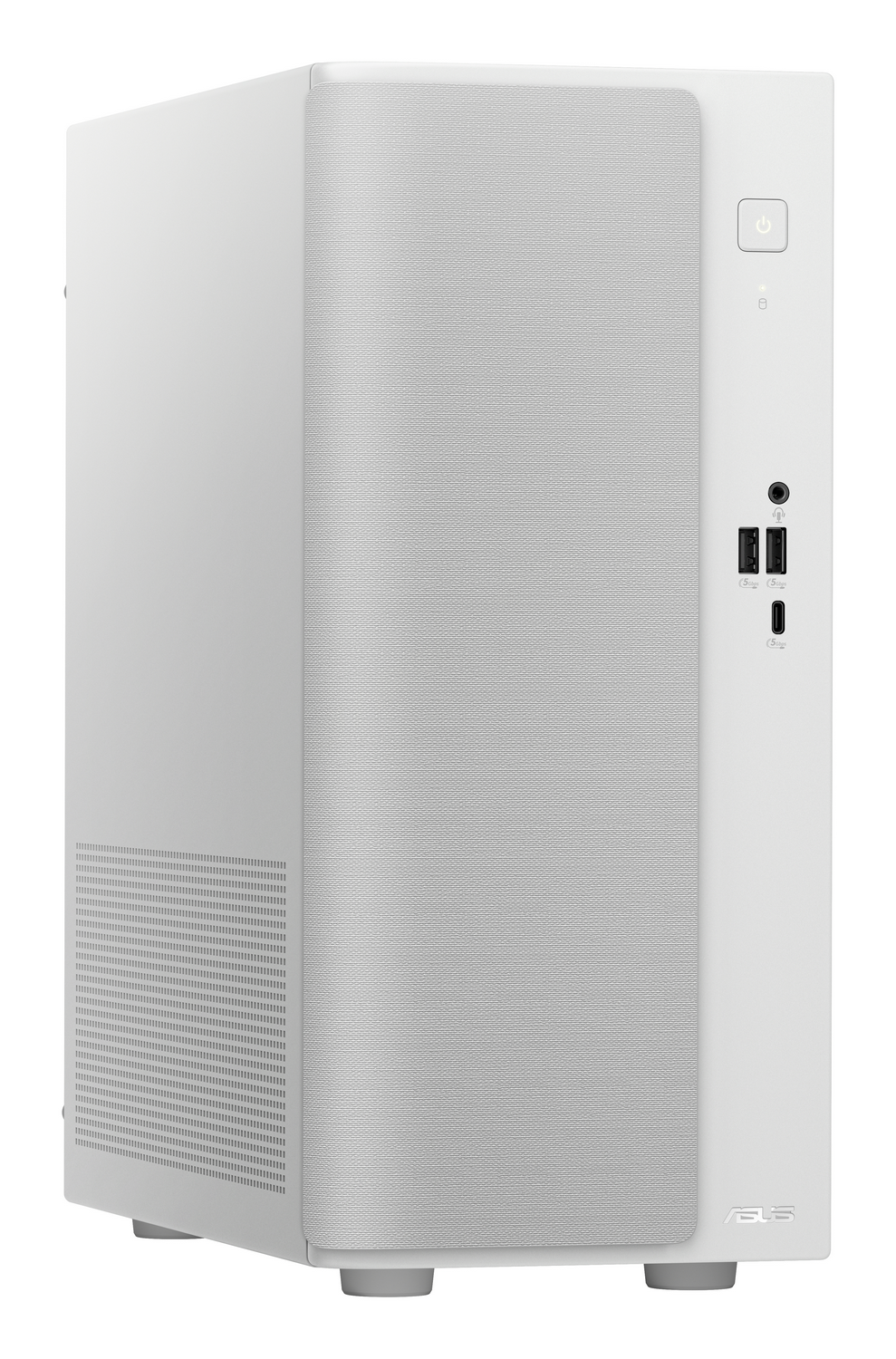 Una torre de computadora blanca con panel frontal de tela, puertos USB y botón de encendido.